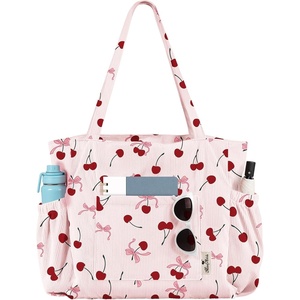 image:imageMiss Adola Large Corduroy Tote Bag for Women  Cute Shoulder Reusable Bags with Zipper MultiPocket for SchoolCherry Bow