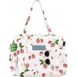 image:imageMiss Adola Large Corduroy Tote Bag for Women  Cute Shoulder Reusable Bags with Zipper MultiPocket for SchoolFloral Strawberry