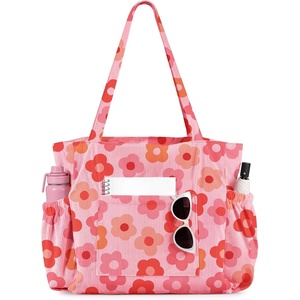 image:imageMiss Adola Large Corduroy Tote Bag for Women  Cute Shoulder Reusable Bags with Zipper MultiPocket for SchoolPk Flower