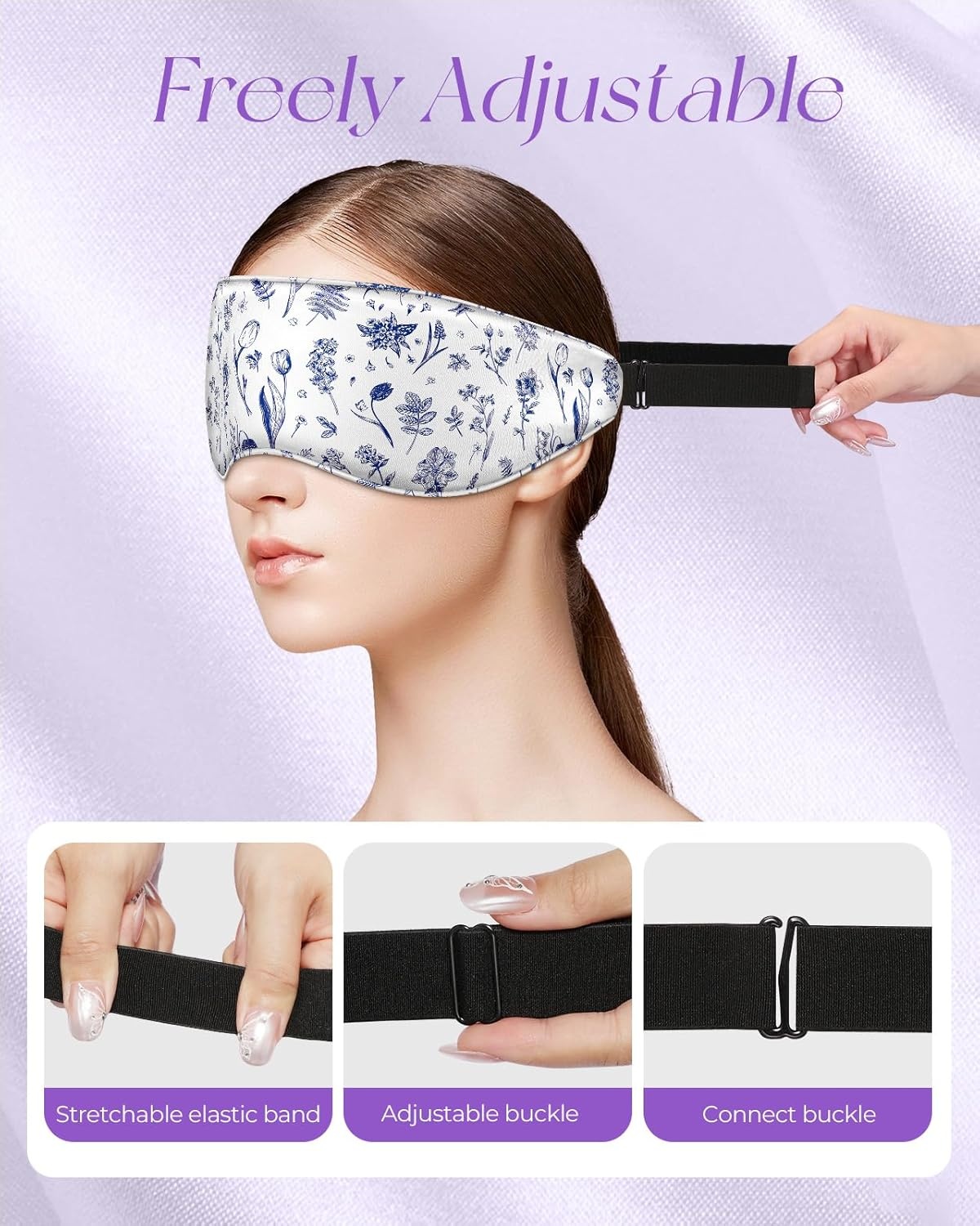 image:imageMiss Adola Cute Silk Weighted Eye Mask Sleep Mask for Women Wife Mom for Sleeping Heat and Cold Lavender Mulberry Silk Eye Mask for Dry Eyes Ajustable with Drawstring Bag Blue FlowerLine Flower
