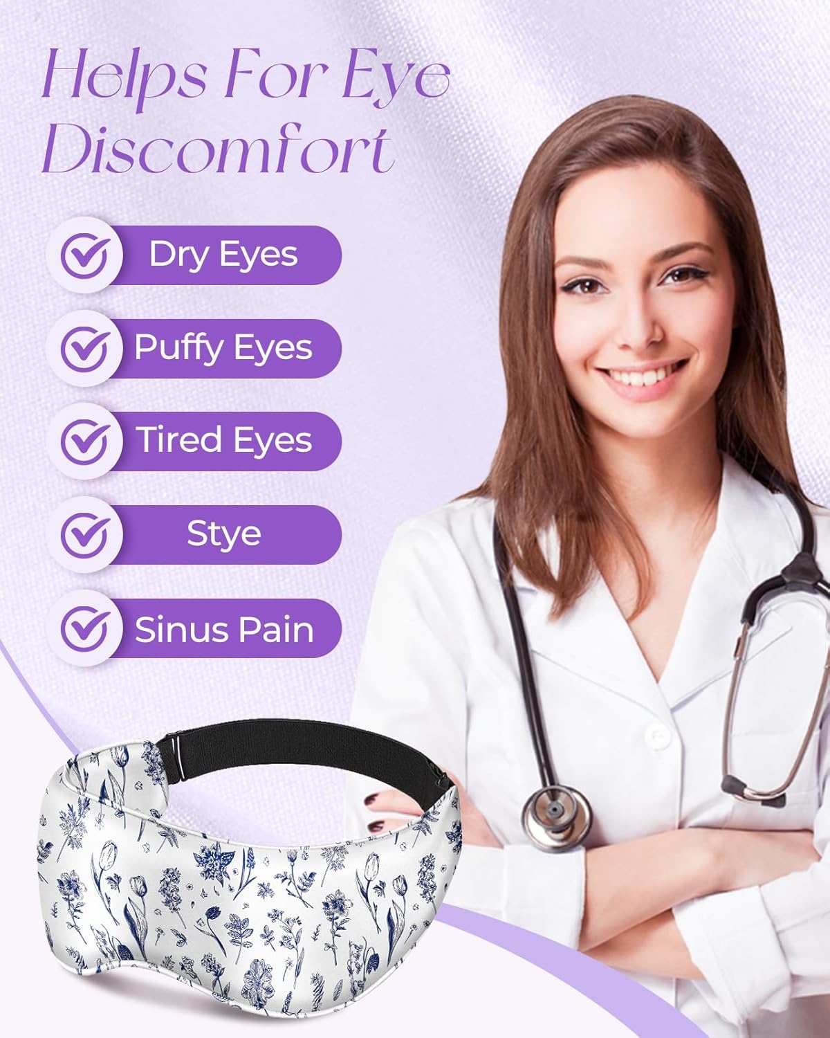 image:imageMiss Adola Cute Silk Weighted Eye Mask Sleep Mask for Women Wife Mom for Sleeping Heat and Cold Lavender Mulberry Silk Eye Mask for Dry Eyes Ajustable with Drawstring Bag Blue FlowerLine Flower