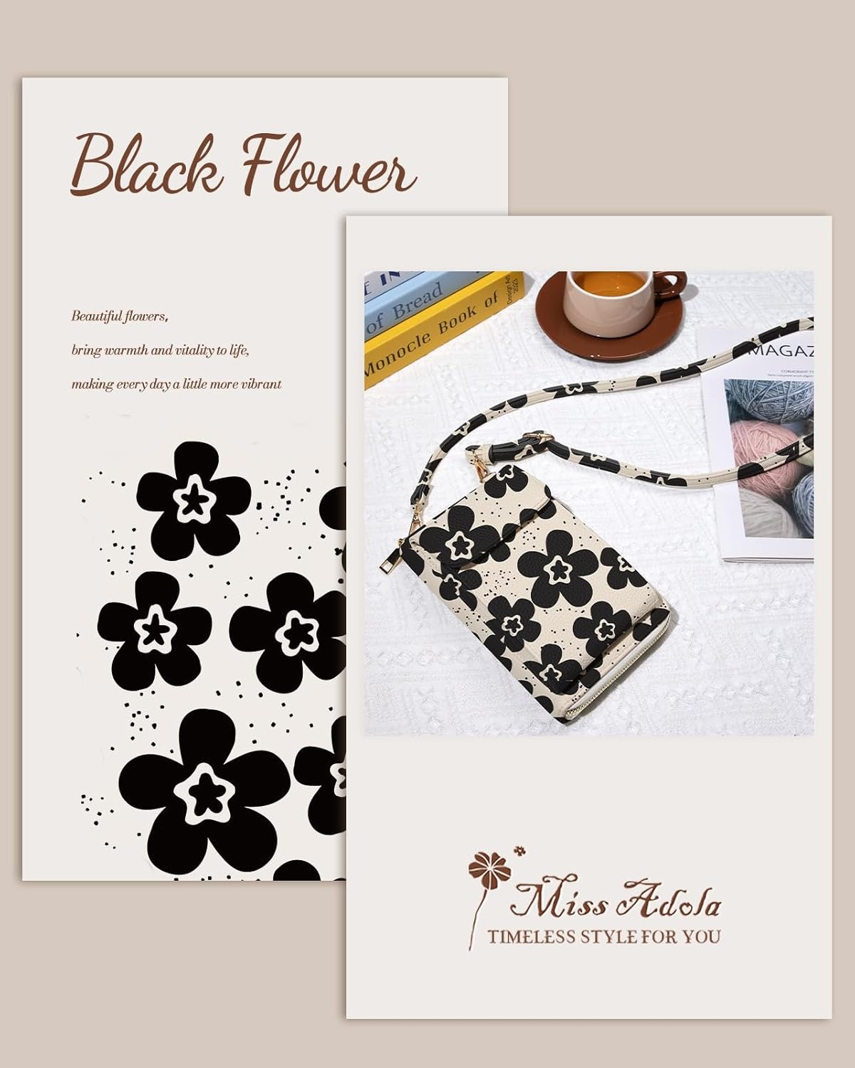 image:imageMiss Adola Cute Small Crossbody Purse Cell Phone Bags for Women Leather Cellphone Wallet Purse with Shoulder StrapBlack Flower