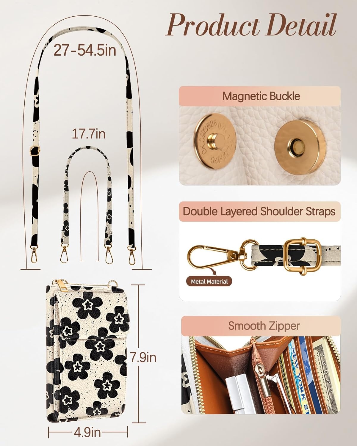 image:imageMiss Adola Cute Small Crossbody Purse Cell Phone Bags for Women Leather Cellphone Wallet Purse with Shoulder StrapBlack Flower