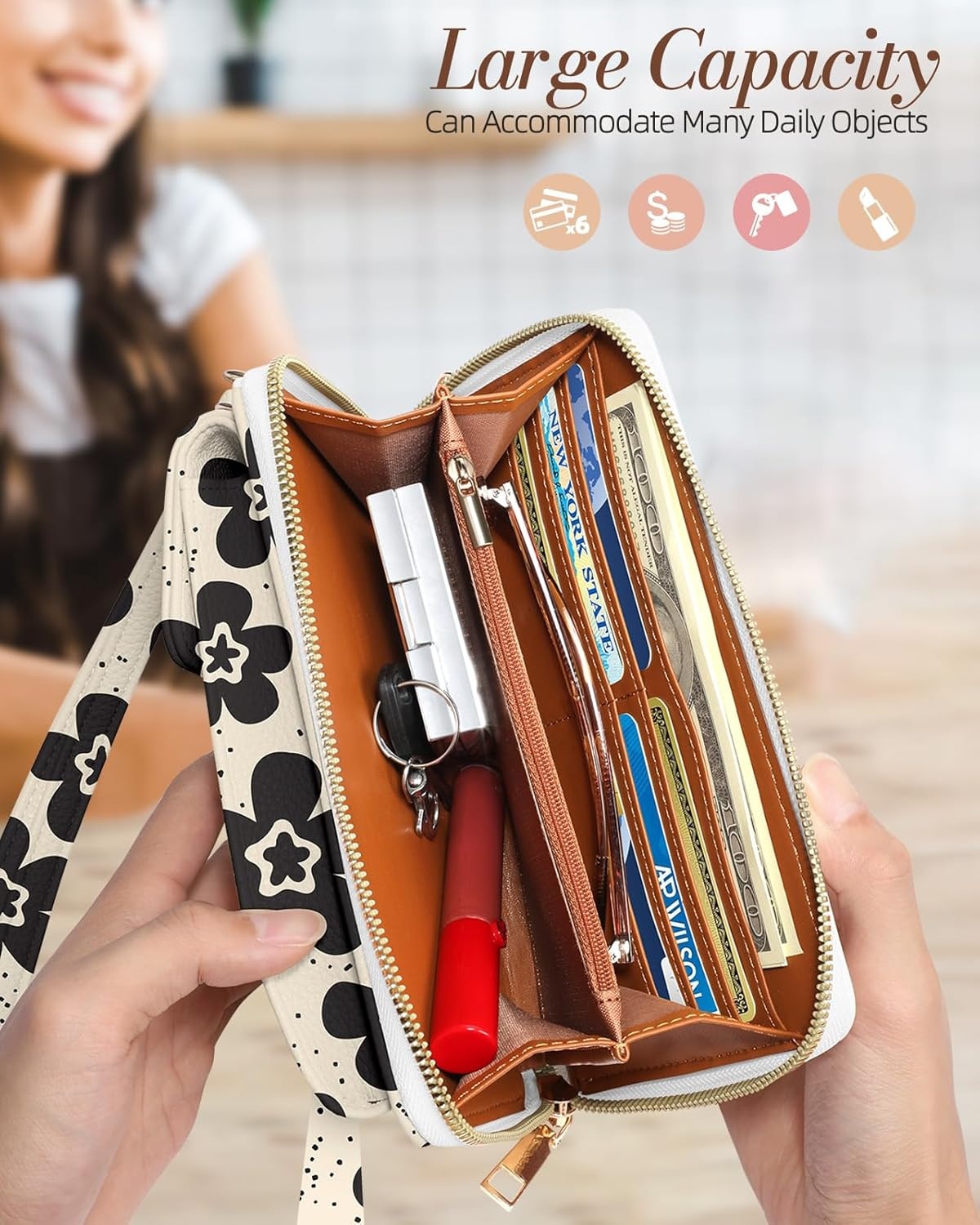 image:imageMiss Adola Cute Small Crossbody Purse Cell Phone Bags for Women Leather Cellphone Wallet Purse with Shoulder StrapBlack Flower