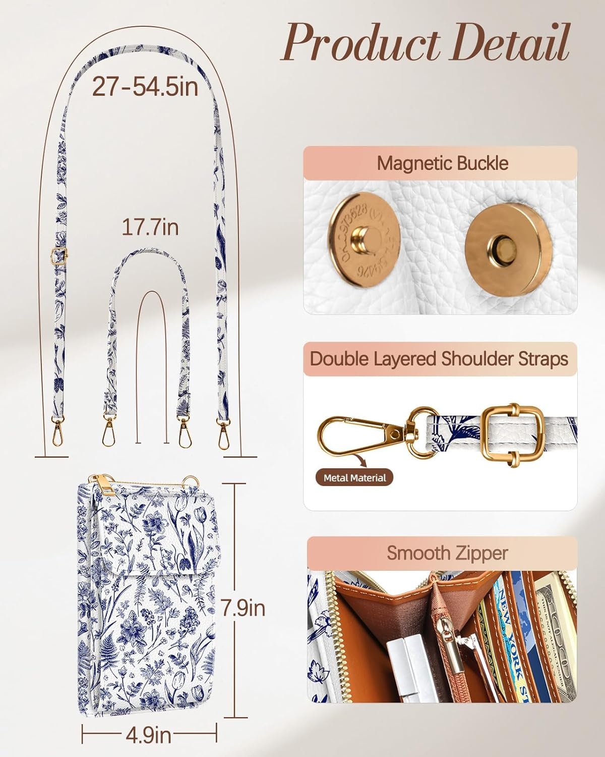 image:imageMiss Adola Cute Small Crossbody Purse Cell Phone Bags for Women Leather Cellphone Wallet Purse with Shoulder StrapBlue Flower