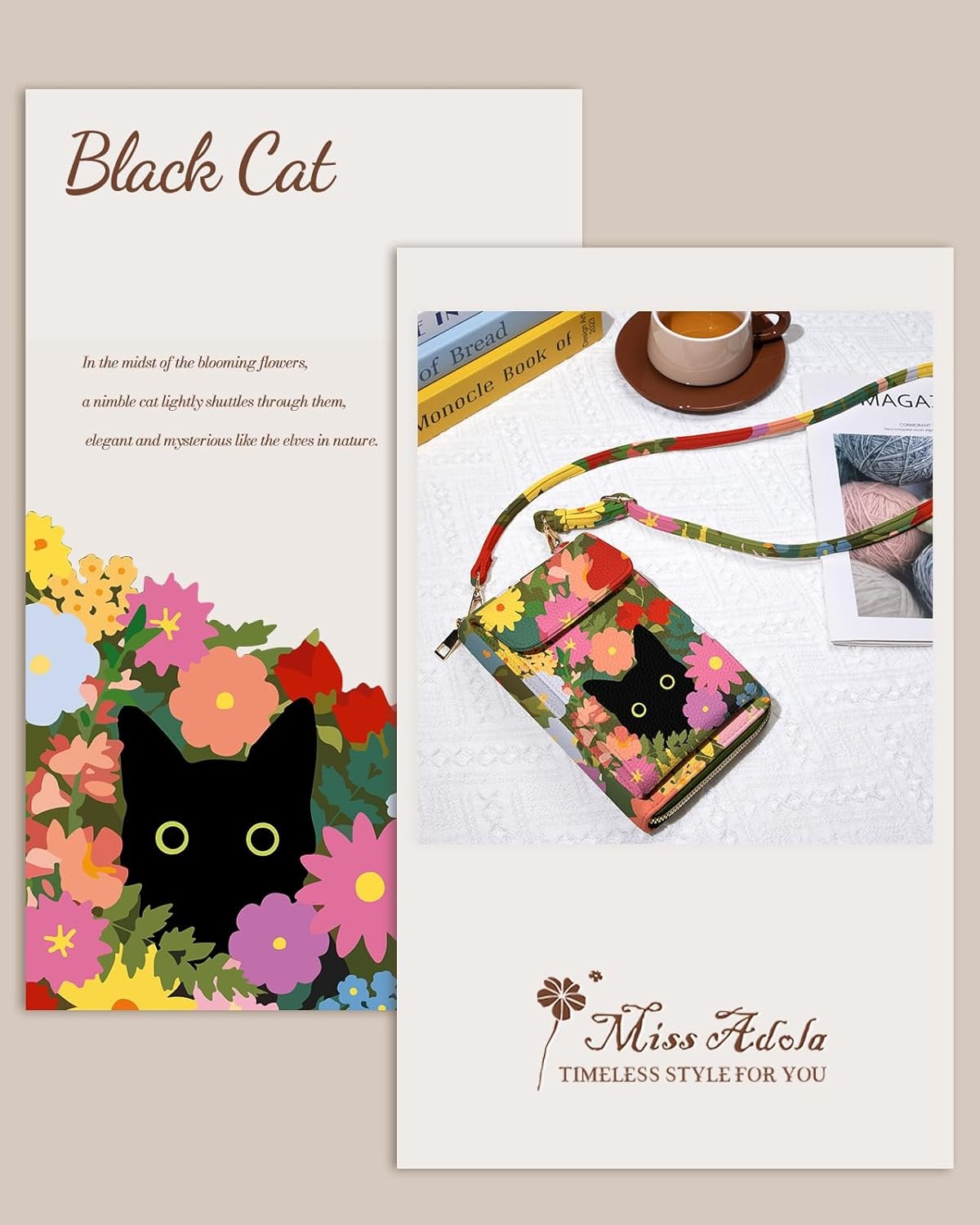 image:imageMiss Adola Cute Small Crossbody Purse Cell Phone Bags for Women Leather Cellphone Wallet Purse with Shoulder StrapFlower Cat