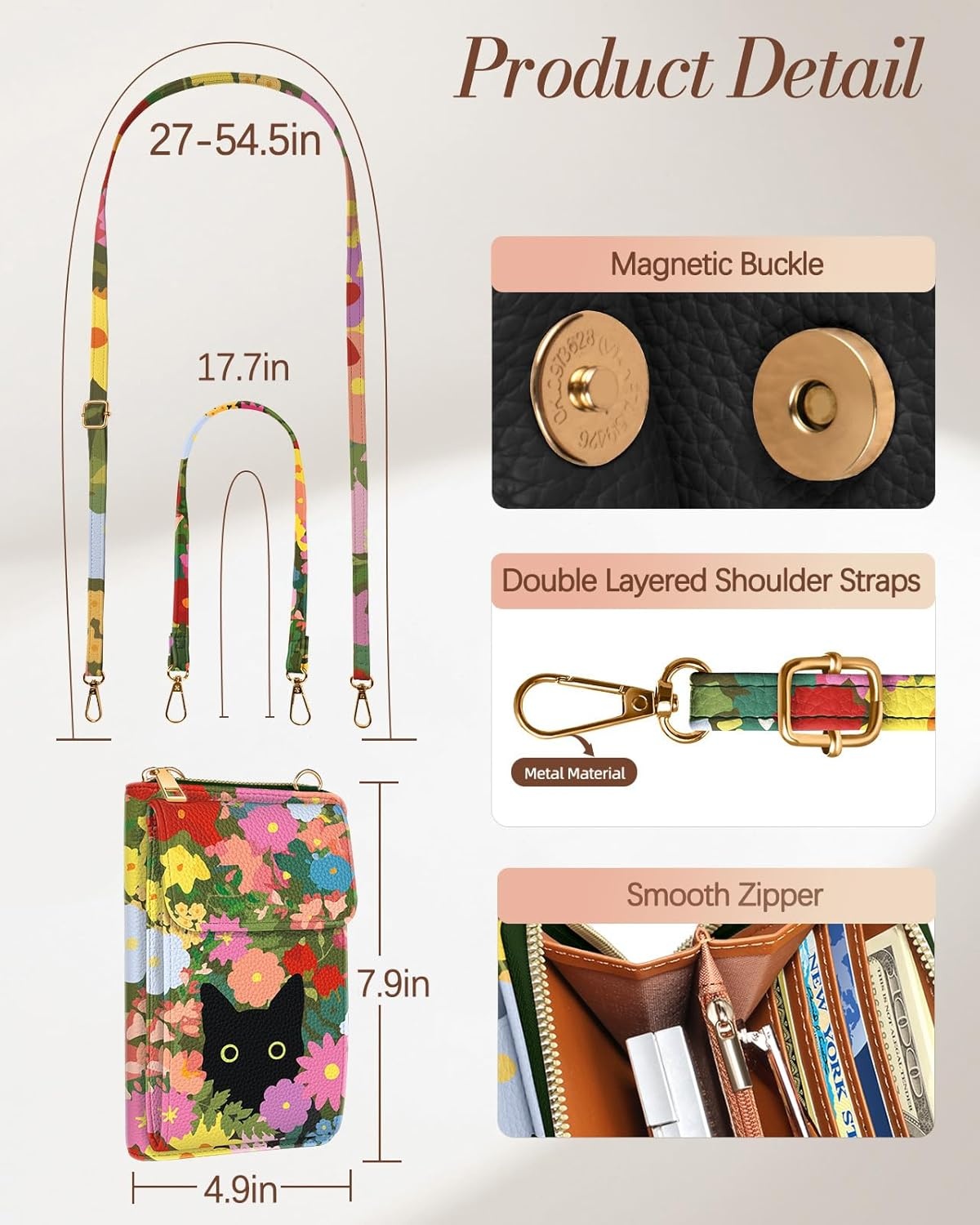 image:imageMiss Adola Cute Small Crossbody Purse Cell Phone Bags for Women Leather Cellphone Wallet Purse with Shoulder StrapFlower Cat