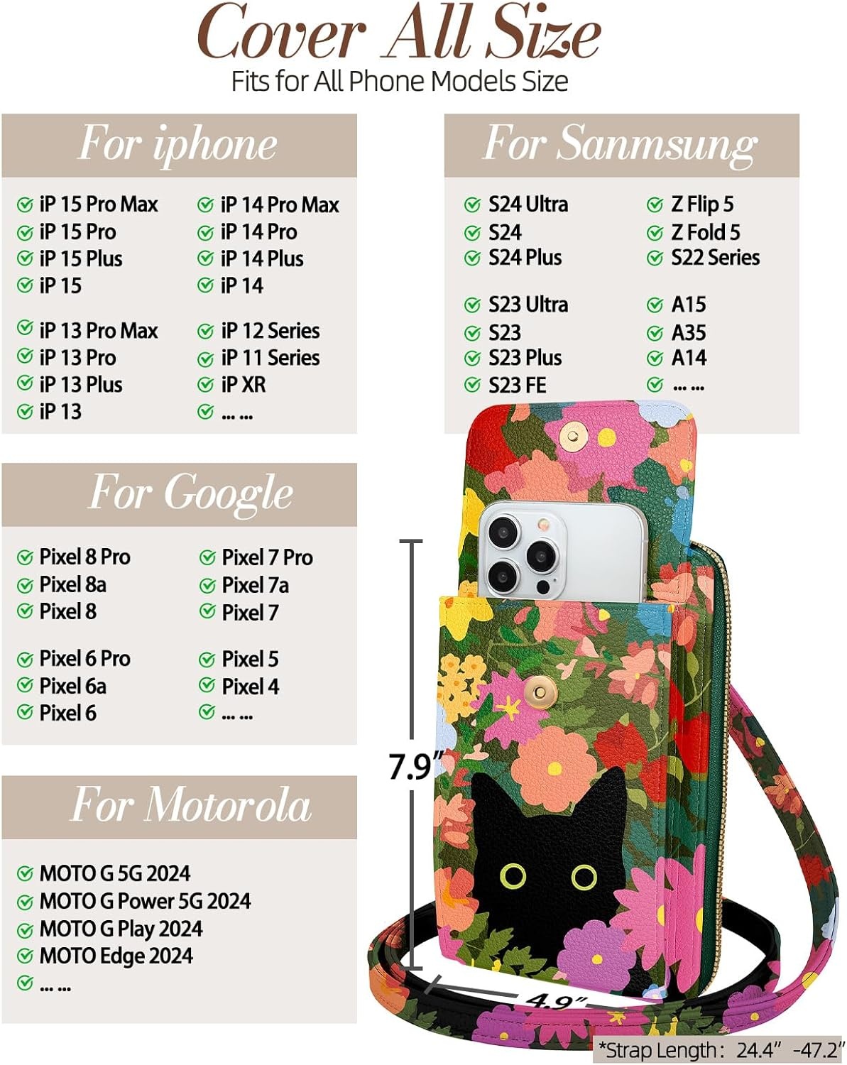 image:imageMiss Adola Cute Small Crossbody Purse Cell Phone Bags for Women Leather Cellphone Wallet Purse with Shoulder StrapFlower Cat