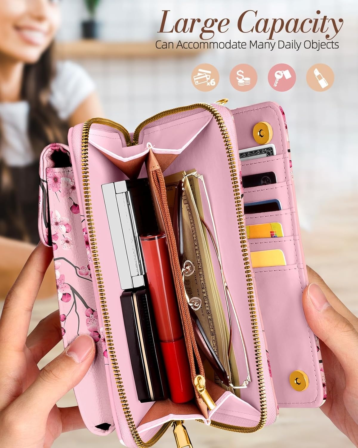 image:imageMiss Adola Cute Small Crossbody Purse Cell Phone Bags for Women Leather Cellphone Wallet Purse with Shoulder StrapPeach Blossom