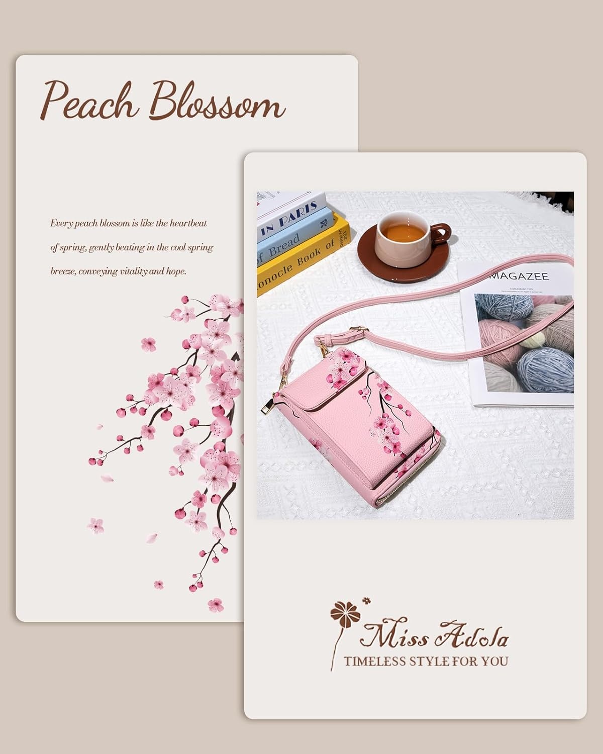 image:imageMiss Adola Cute Small Crossbody Purse Cell Phone Bags for Women Leather Cellphone Wallet Purse with Shoulder StrapPeach Blossom