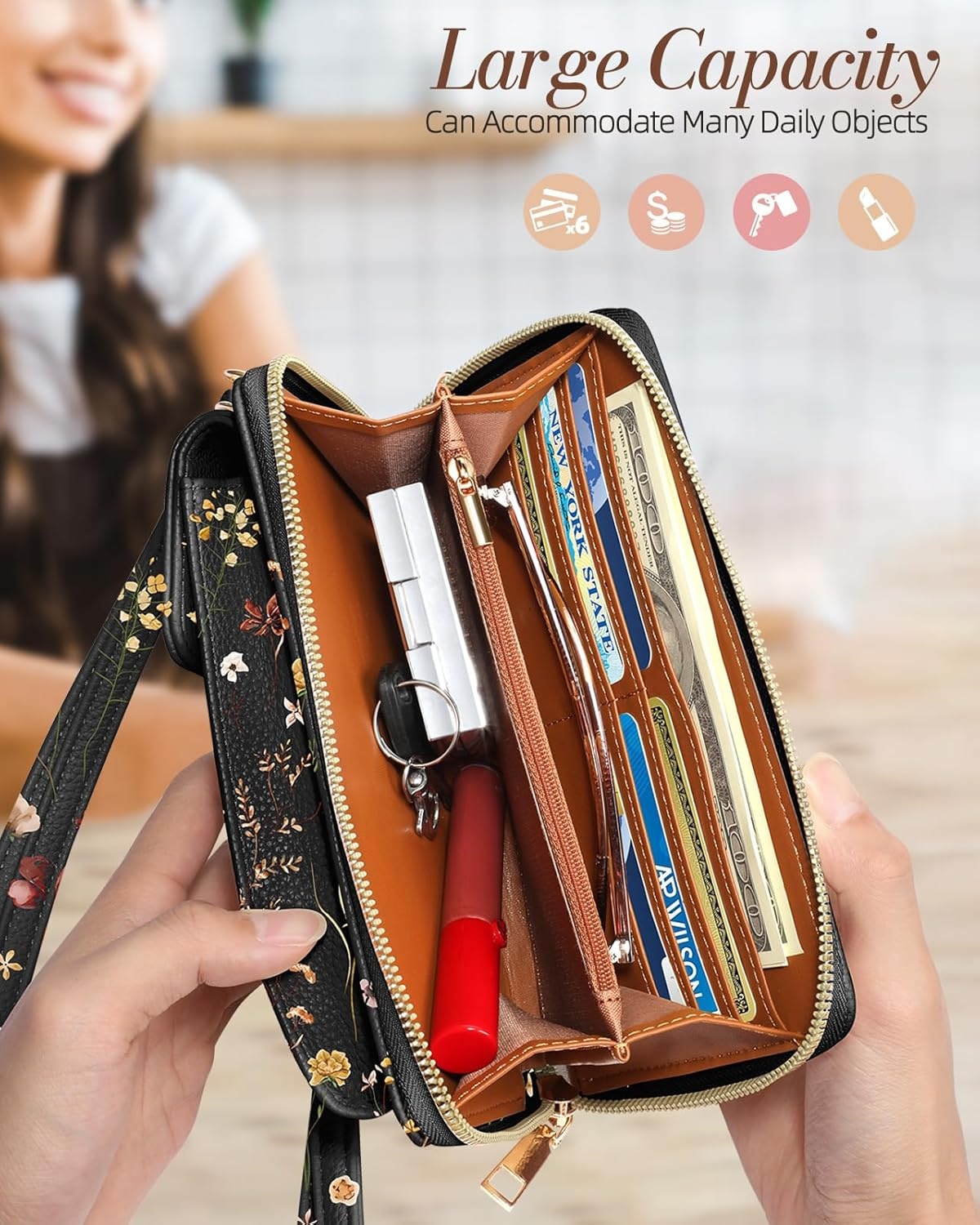image:imageMiss Adola Cute Small Crossbody Purse Cell Phone Bags for Women Leather Cellphone Wallet Purse with Shoulder StrapRetro Flower