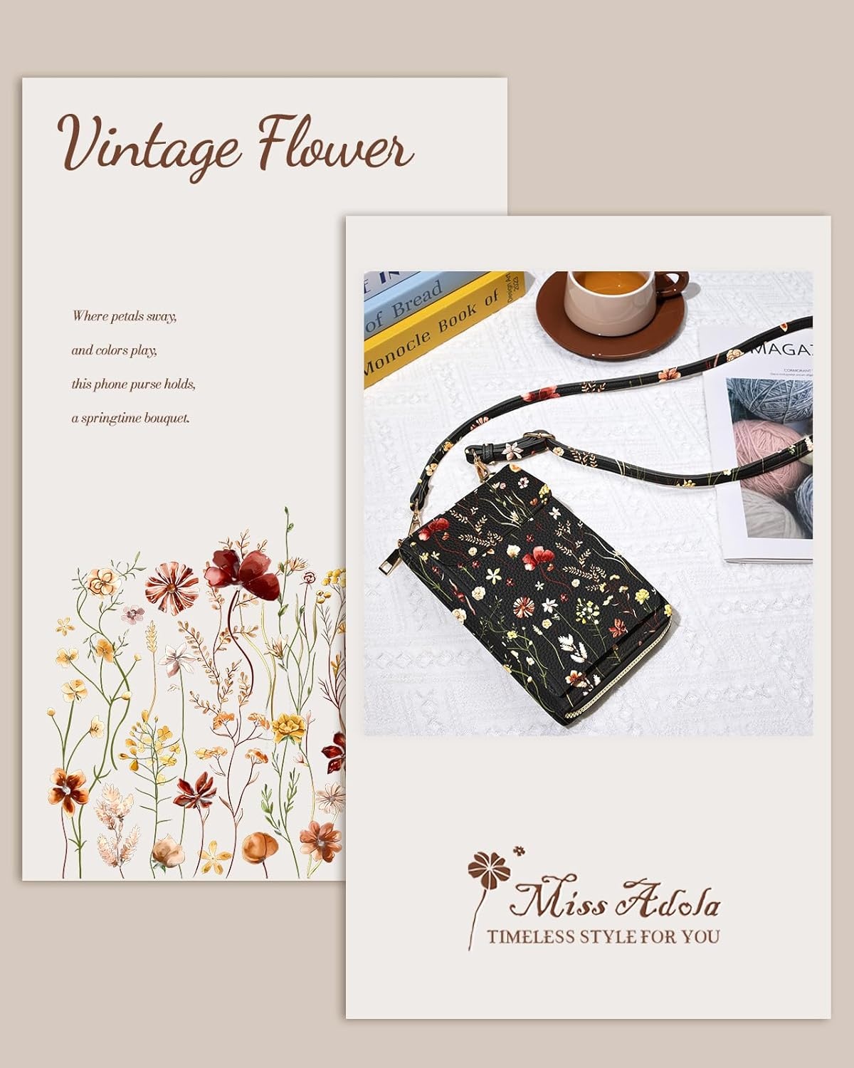 image:imageMiss Adola Cute Small Crossbody Purse Cell Phone Bags for Women Leather Cellphone Wallet Purse with Shoulder StrapRetro Flower