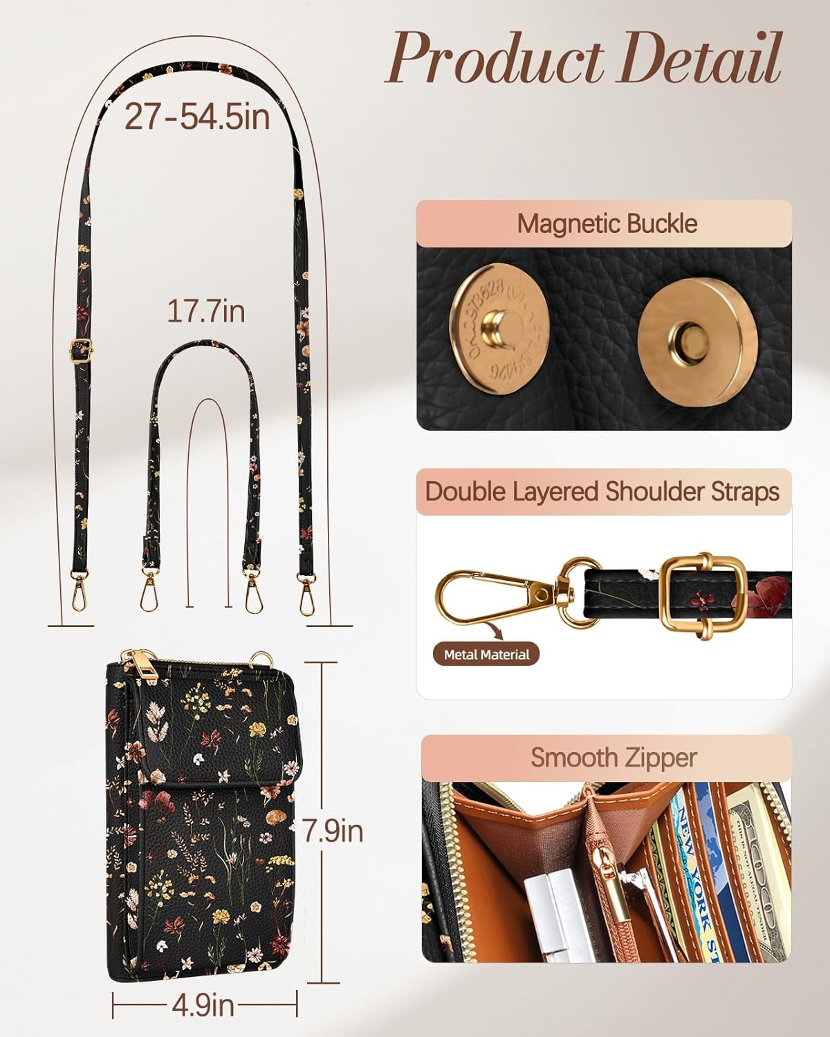 image:imageMiss Adola Cute Small Crossbody Purse Cell Phone Bags for Women Leather Cellphone Wallet Purse with Shoulder StrapRetro Flower