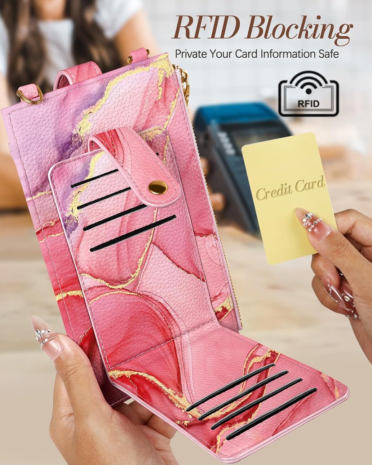 image:imageMiss Adola Phone Purse Crossbody Bags for Women Leather Small Cell Phone Wallet RFID Blocking with Card Slots amp Adjustable Strap Cute Designer Aesthetic Cross Body Bags Blue Line FlowerPK Watercolor