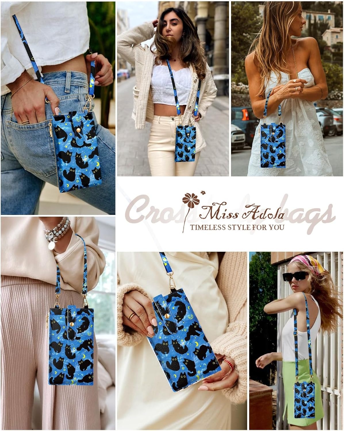 image:imageMiss Adola Phone Purse Crossbody Bags for Women Leather Small Cell Phone Wallet RFID Blocking with Card Slots amp Adjustable Strap Cute Designer Aesthetic Cross Body Bags Blue Line FlowerBlue Moon Cat