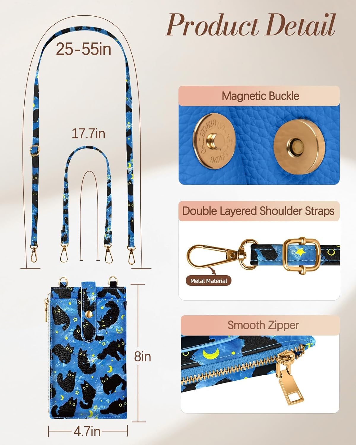 image:imageMiss Adola Phone Purse Crossbody Bags for Women Leather Small Cell Phone Wallet RFID Blocking with Card Slots amp Adjustable Strap Cute Designer Aesthetic Cross Body Bags Blue Line FlowerBlue Moon Cat