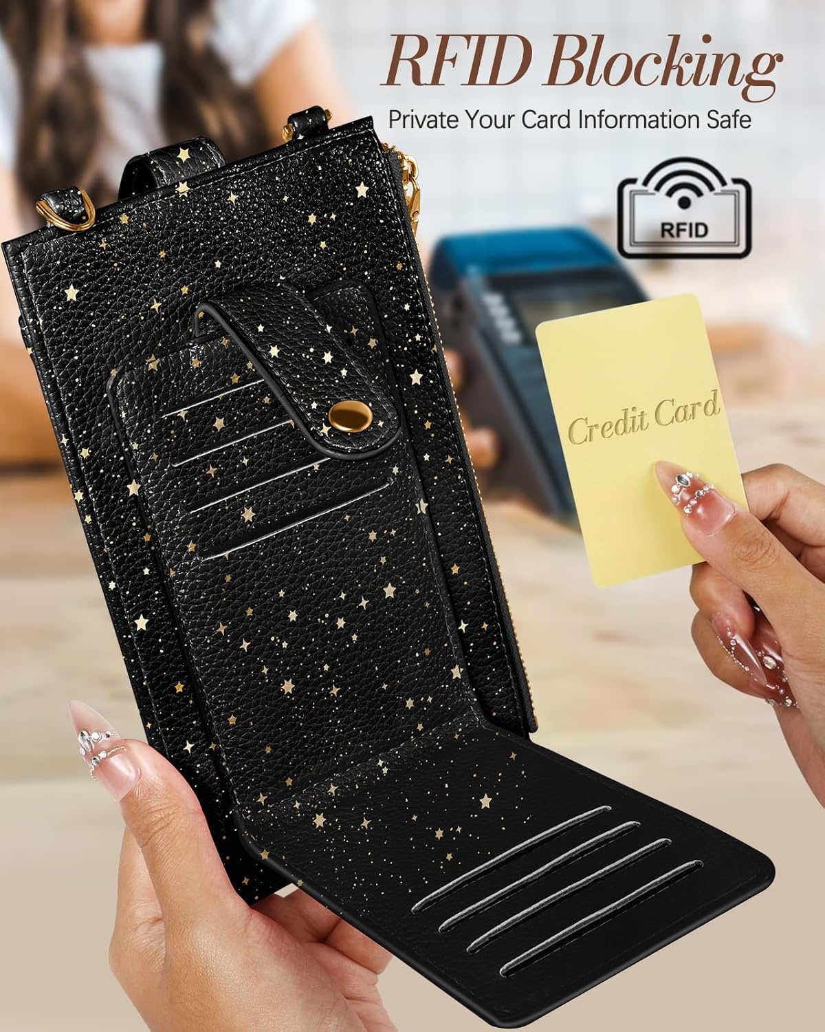 image:imageMiss Adola Phone Purse Crossbody Bags for Women Leather Small Cell Phone Wallet RFID Blocking with Card Slots amp Adjustable Strap Cute Designer Aesthetic Cross Body Bags Blue Line FlowerBlack Sun Moon