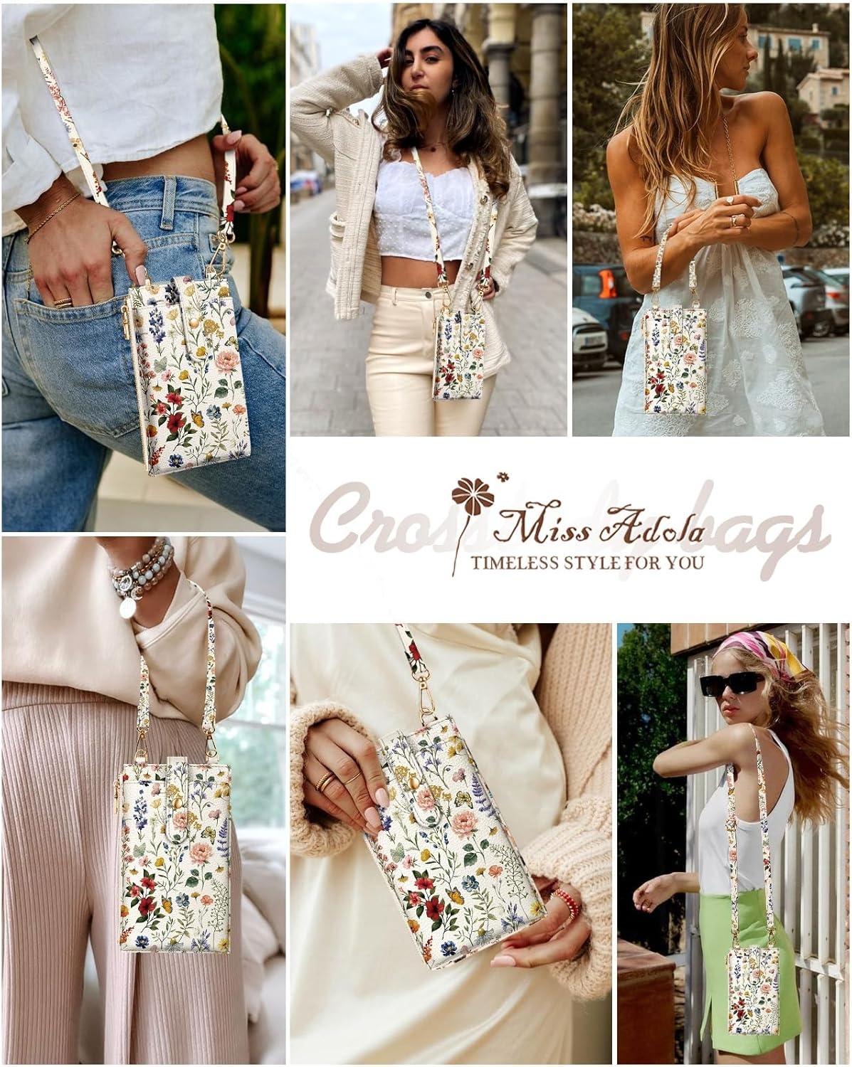 image:imageMiss Adola Phone Purse Crossbody Bags for Women Leather Small Cell Phone Wallet RFID Blocking with Card Slots amp Adjustable Strap Cute Designer Aesthetic Cross Body Bags Blue Line FlowerVintage Flower