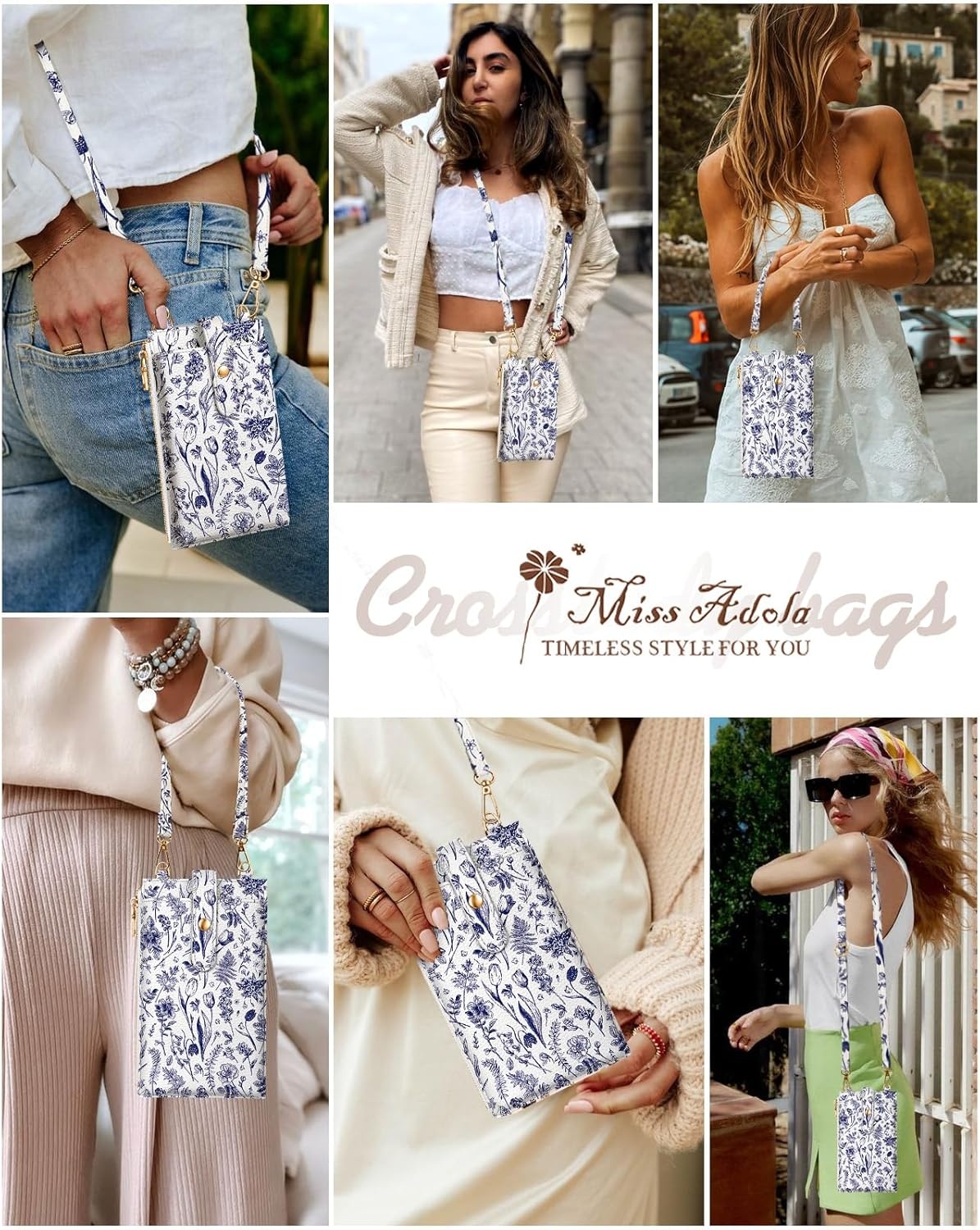 image:imageMiss Adola Phone Purse Crossbody Bags for Women Leather Small Cell Phone Wallet RFID Blocking with Card Slots amp Adjustable Strap Cute Designer Aesthetic Cross Body Bags Blue Line FlowerBU Line Flower