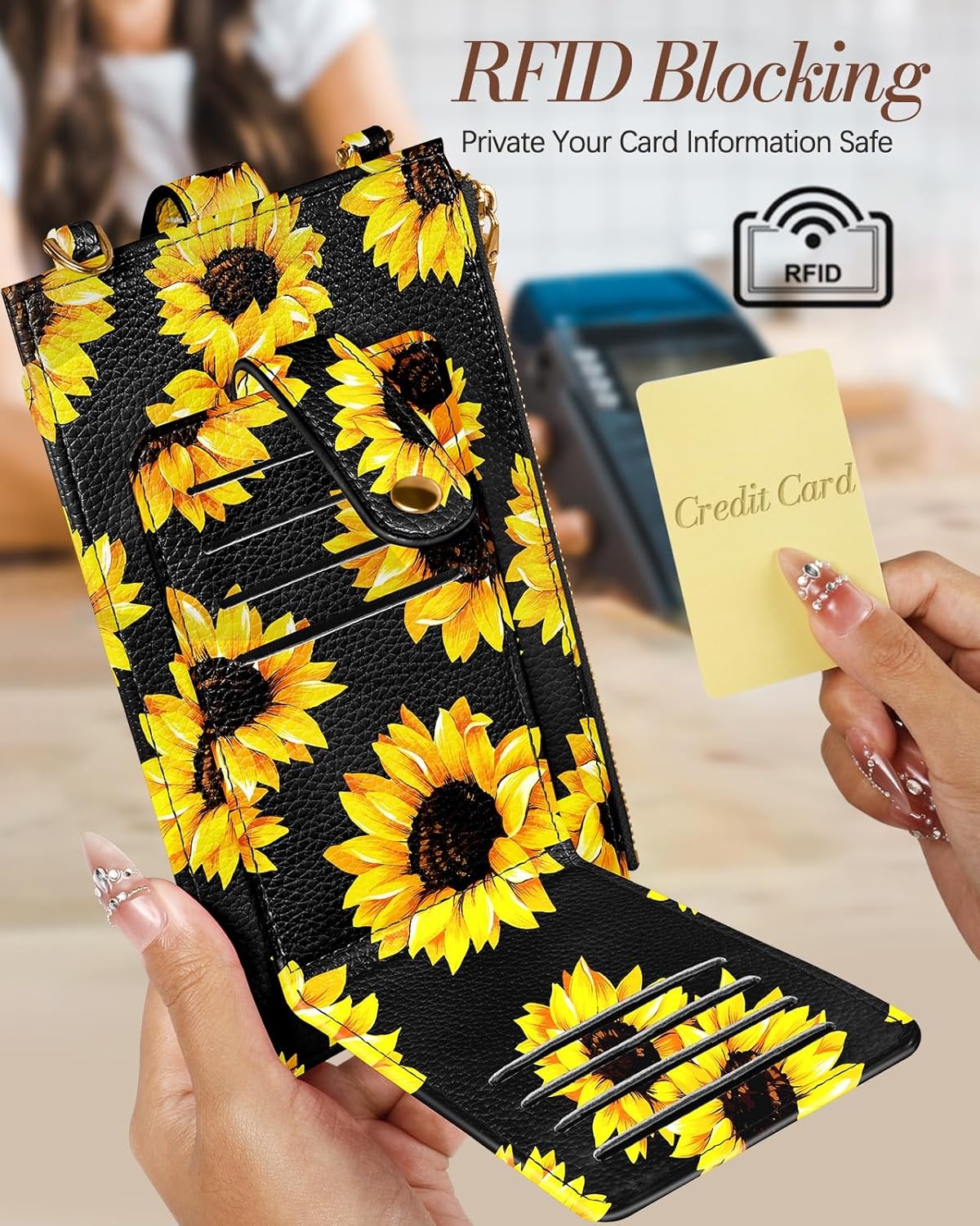 image:imageMiss Adola Phone Purse Crossbody Bags for Women Leather Small Cell Phone Wallet RFID Blocking with Card Slots amp Adjustable Strap Cute Designer Aesthetic Cross Body Bags Blue Line FlowerBlack Sunflower