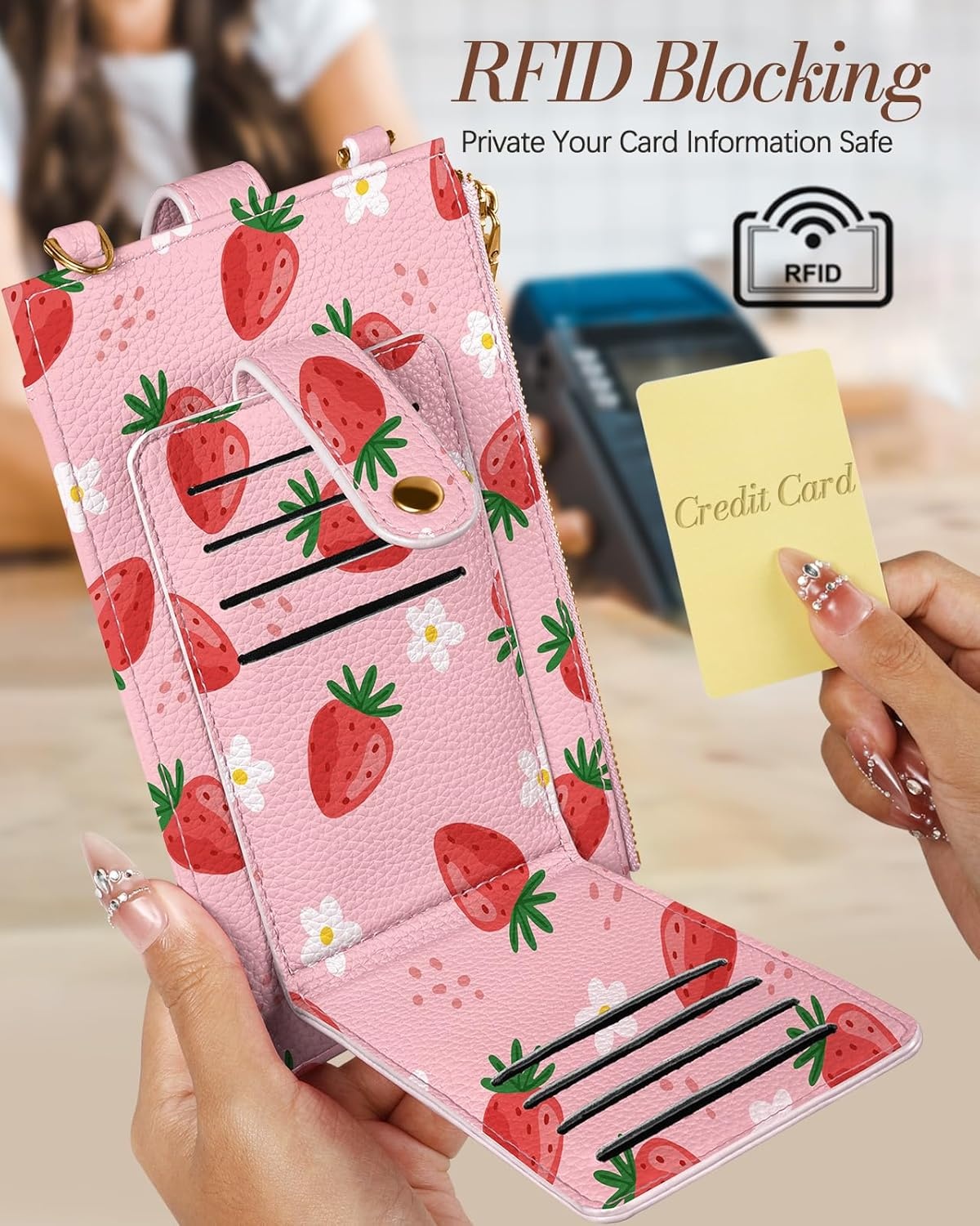 image:imageMiss Adola Phone Purse Crossbody Bags for Women Leather Small Cell Phone Wallet RFID Blocking with Card Slots amp Adjustable Strap Cute Designer Aesthetic Cross Body Bags Blue Line FlowerFlower Strawberry