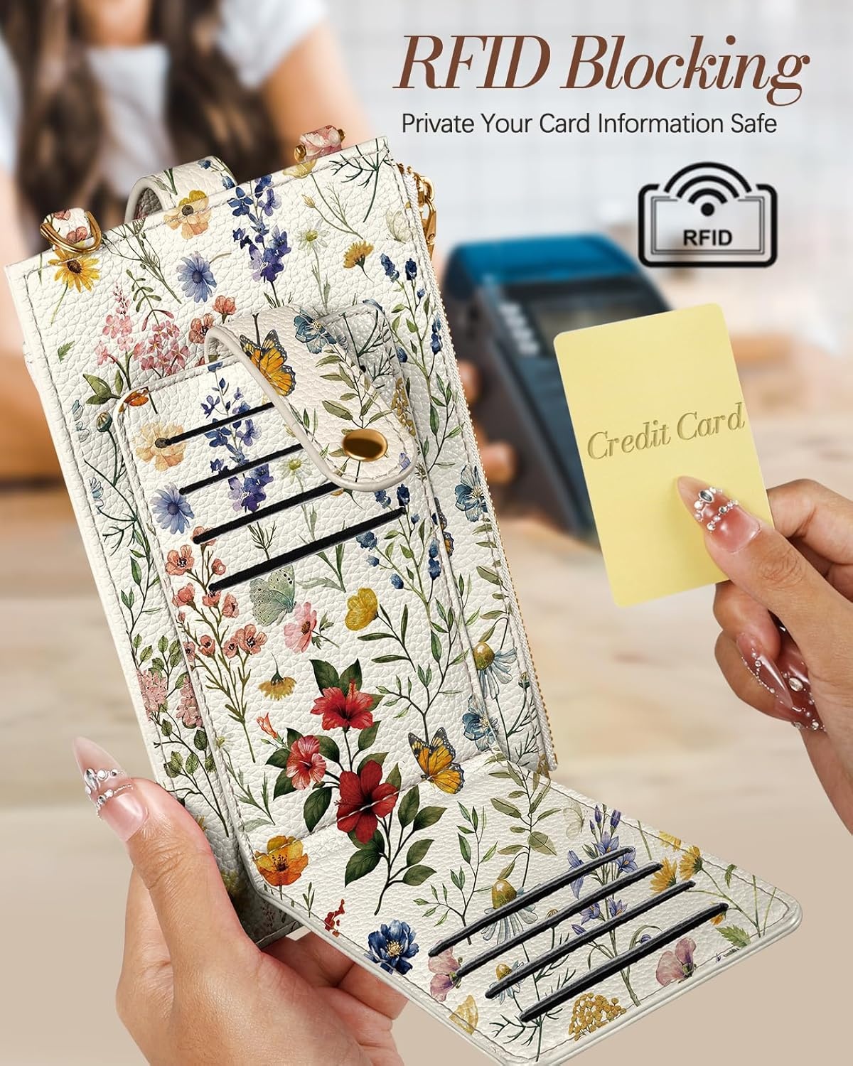 image:imageMiss Adola Phone Purse Crossbody Bags for Women Leather Small Cell Phone Wallet RFID Blocking with Card Slots amp Adjustable Strap Cute Designer Aesthetic Cross Body Bags Blue Line FlowerVintage Flower