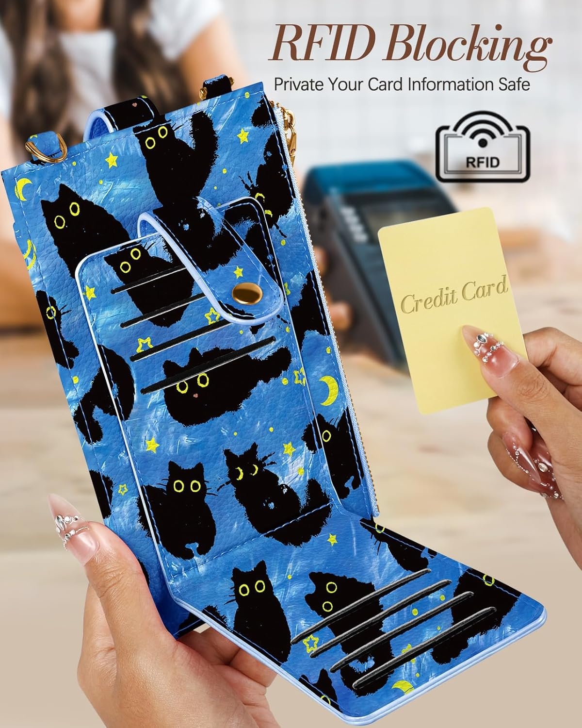 image:imageMiss Adola Phone Purse Crossbody Bags for Women Leather Small Cell Phone Wallet RFID Blocking with Card Slots amp Adjustable Strap Cute Designer Aesthetic Cross Body Bags Blue Line FlowerBlue Moon Cat