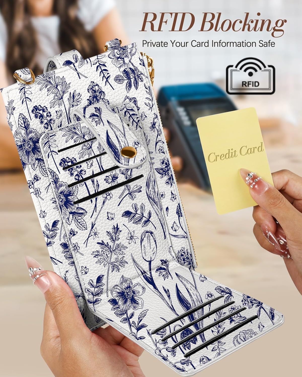 image:imageMiss Adola Phone Purse Crossbody Bags for Women Leather Small Cell Phone Wallet RFID Blocking with Card Slots amp Adjustable Strap Cute Designer Aesthetic Cross Body Bags Blue Line FlowerBU Line Flower