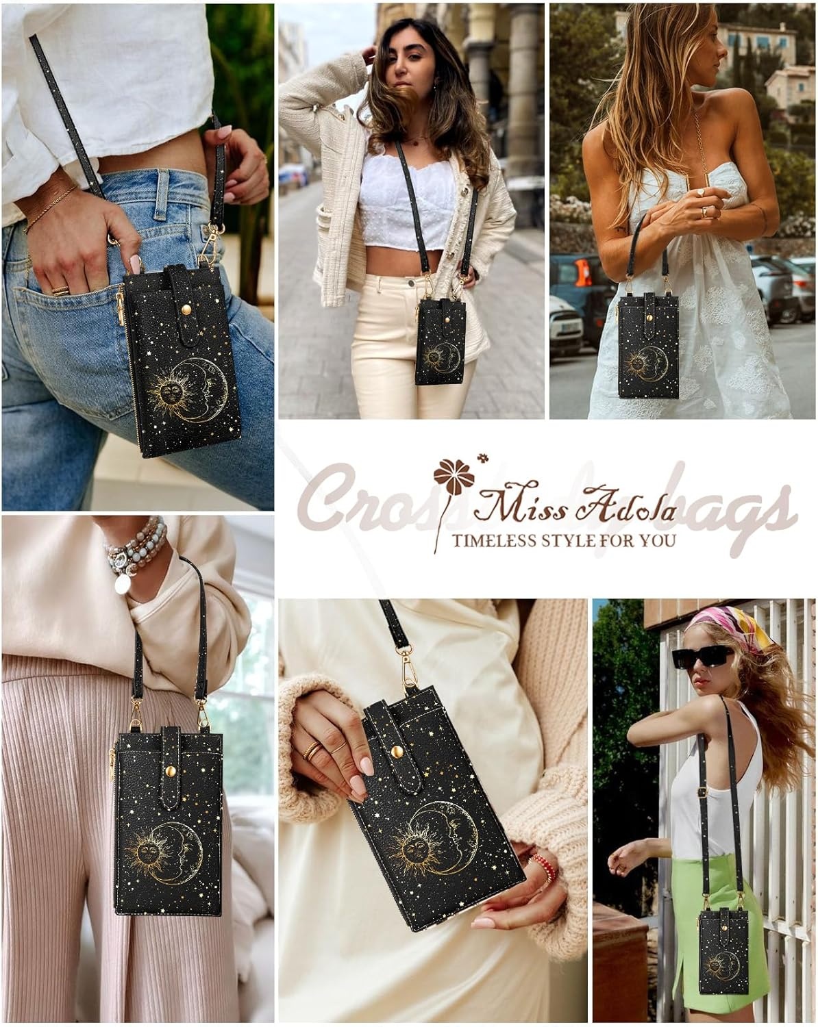 image:imageMiss Adola Phone Purse Crossbody Bags for Women Leather Small Cell Phone Wallet RFID Blocking with Card Slots amp Adjustable Strap Cute Designer Aesthetic Cross Body Bags Blue Line FlowerBlack Sun Moon
