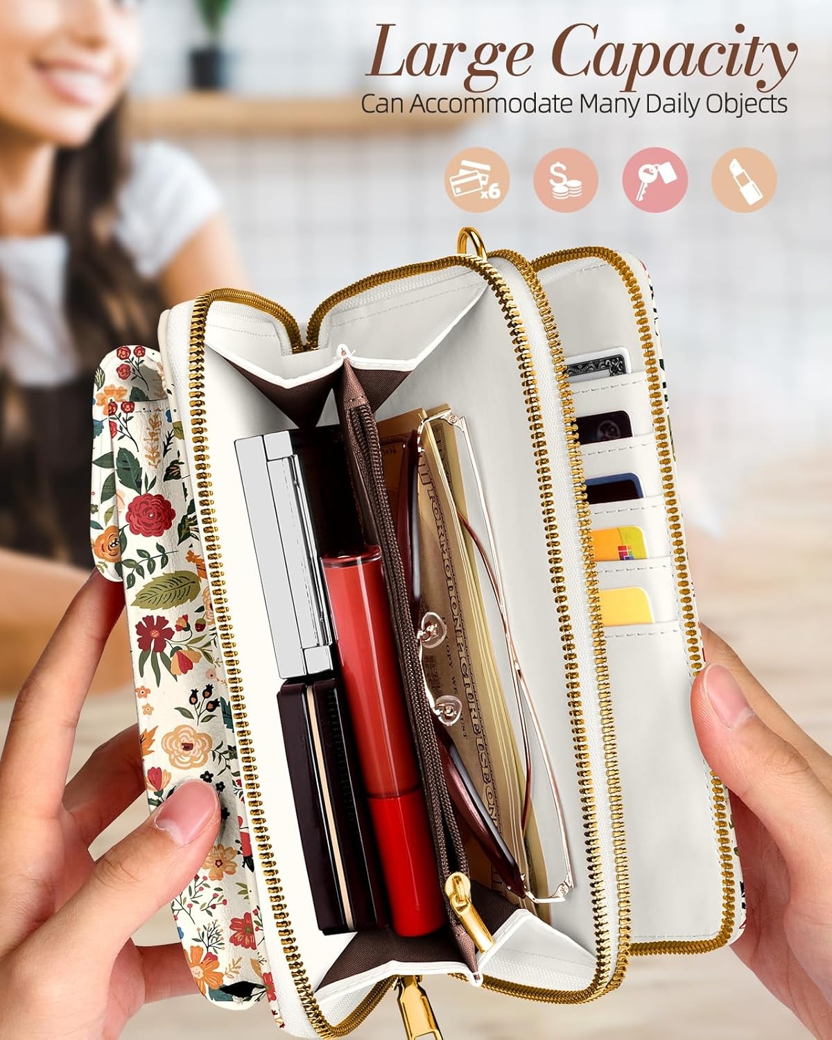 image:imageMiss Adola Phone Purse for Women Cute Small Crossbody Bags Cellphone Wallet with Adjustable Strap Zipper and Card SlotsBeige Flower