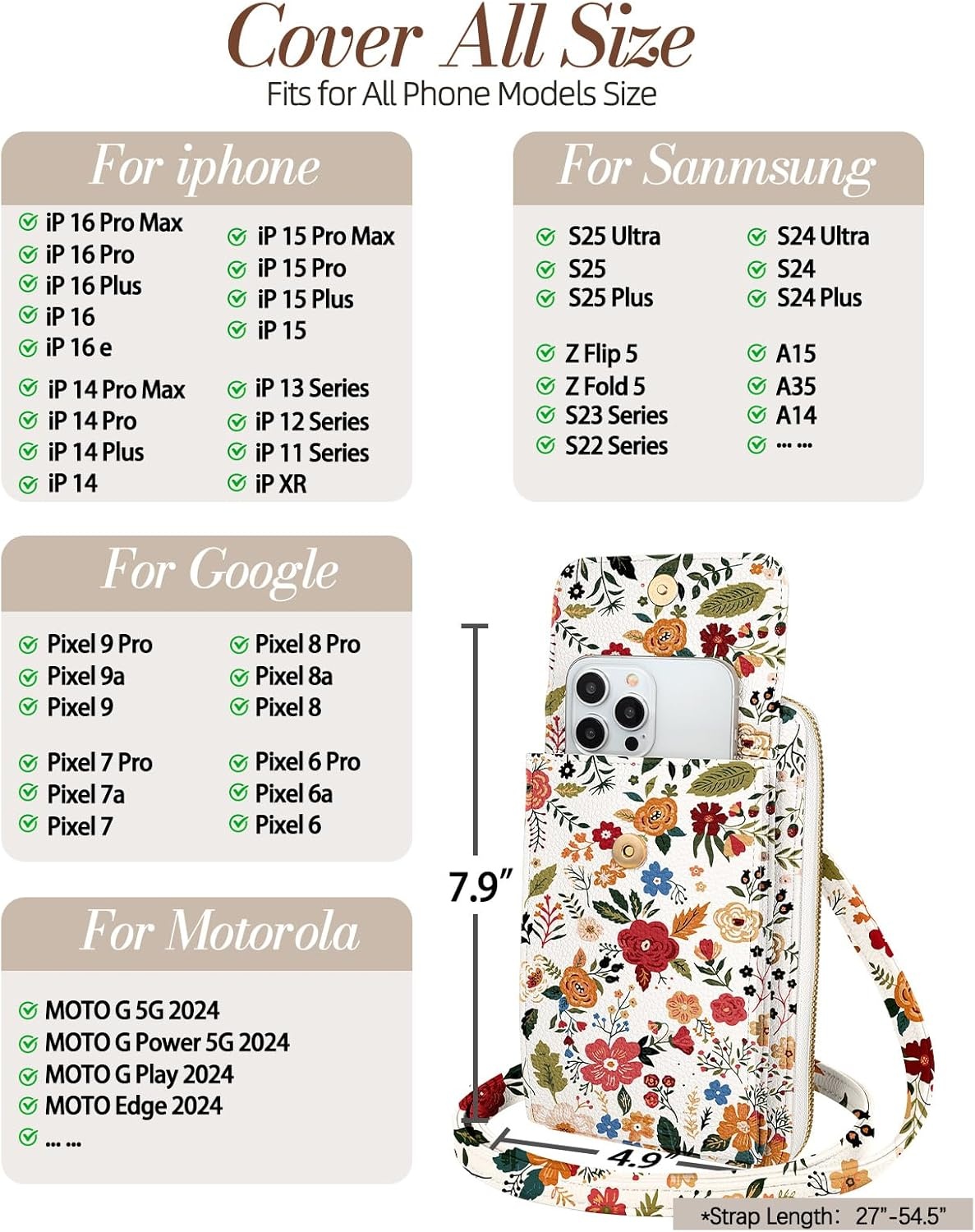 image:imageMiss Adola Phone Purse for Women Cute Small Crossbody Bags Cellphone Wallet with Adjustable Strap Zipper and Card SlotsBeige Flower