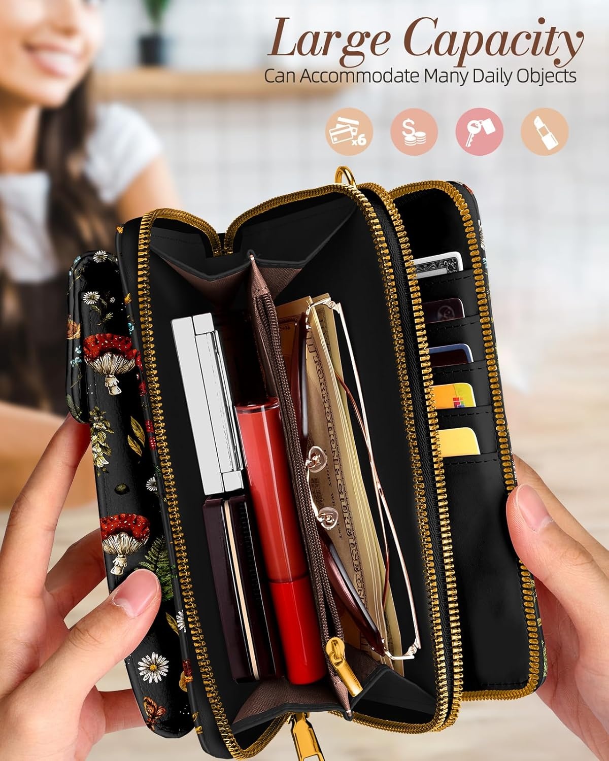image:imageMiss Adola Phone Purse for Women Cute Small Crossbody Bags Cellphone Wallet with Adjustable Strap Zipper and Card SlotsBlack Mushroom