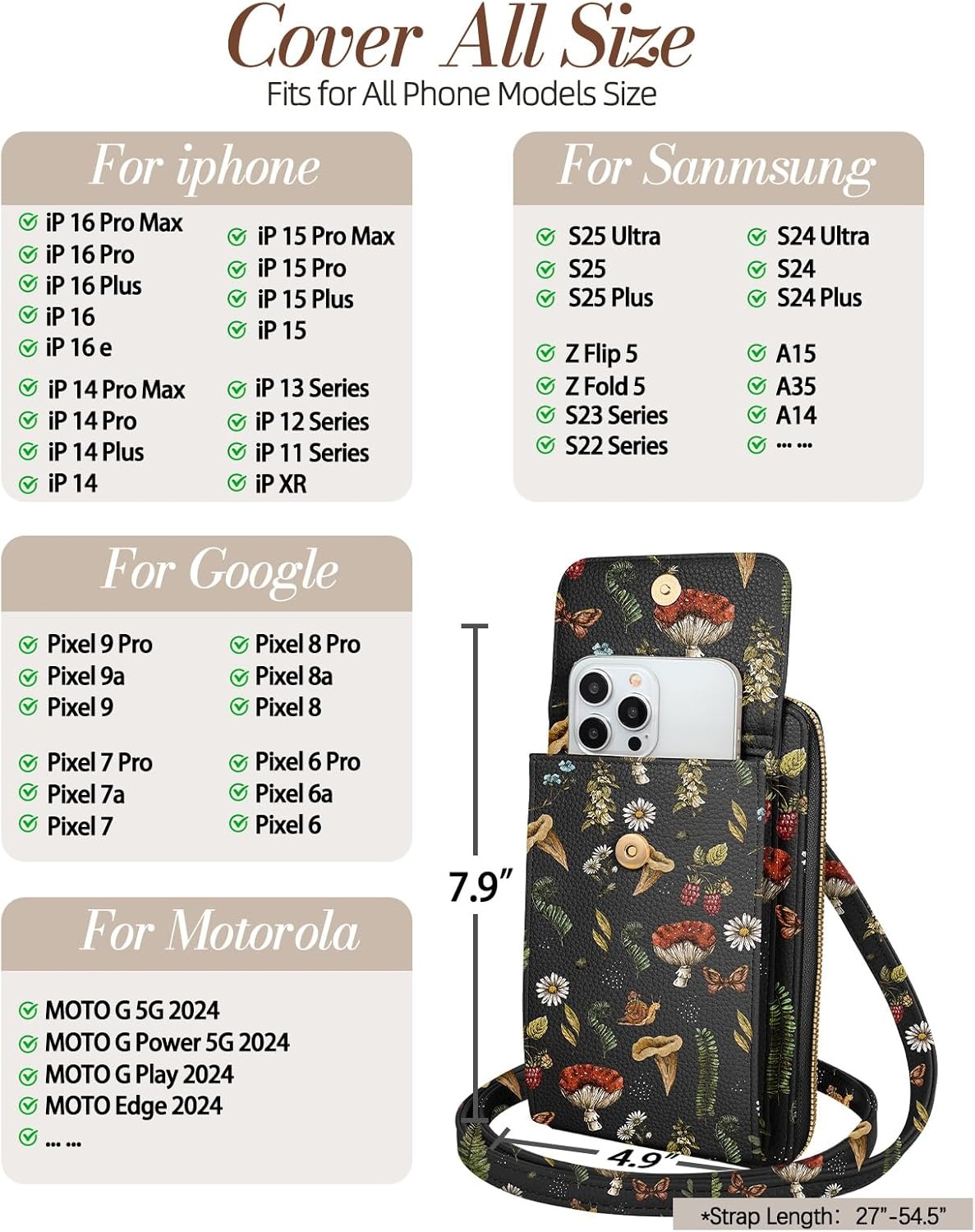image:imageMiss Adola Phone Purse for Women Cute Small Crossbody Bags Cellphone Wallet with Adjustable Strap Zipper and Card SlotsBlack Mushroom