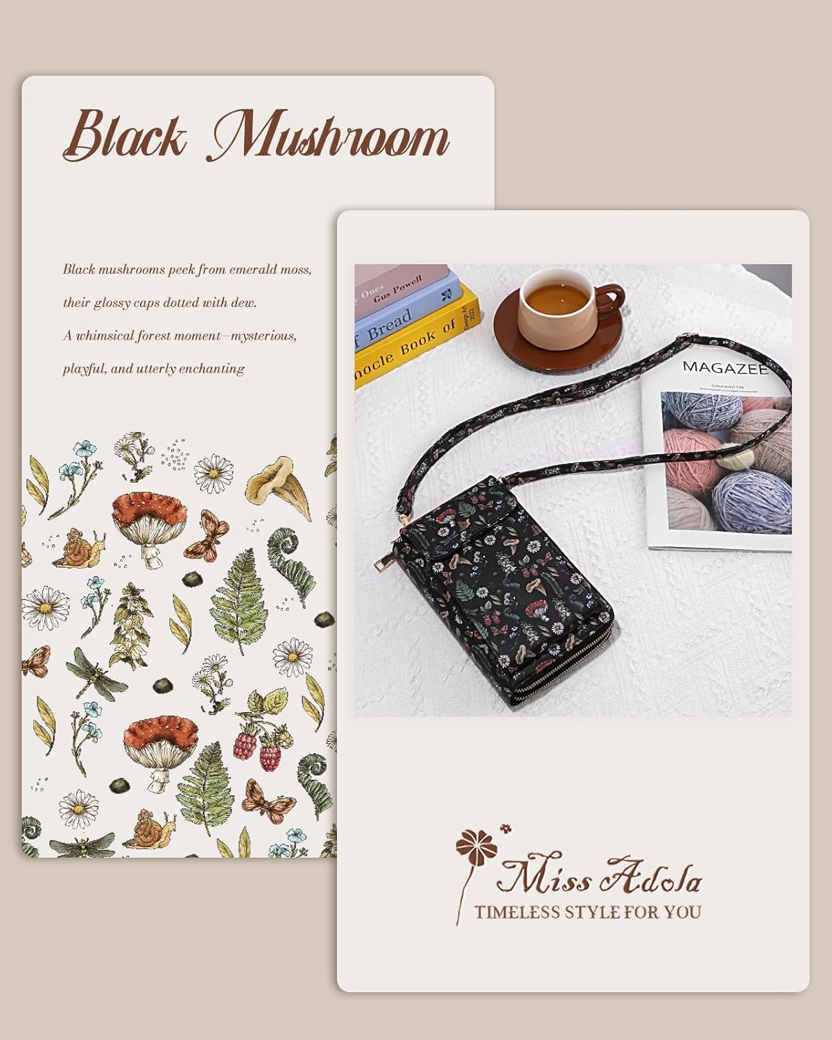 image:imageMiss Adola Phone Purse for Women Cute Small Crossbody Bags Cellphone Wallet with Adjustable Strap Zipper and Card SlotsBlack Mushroom