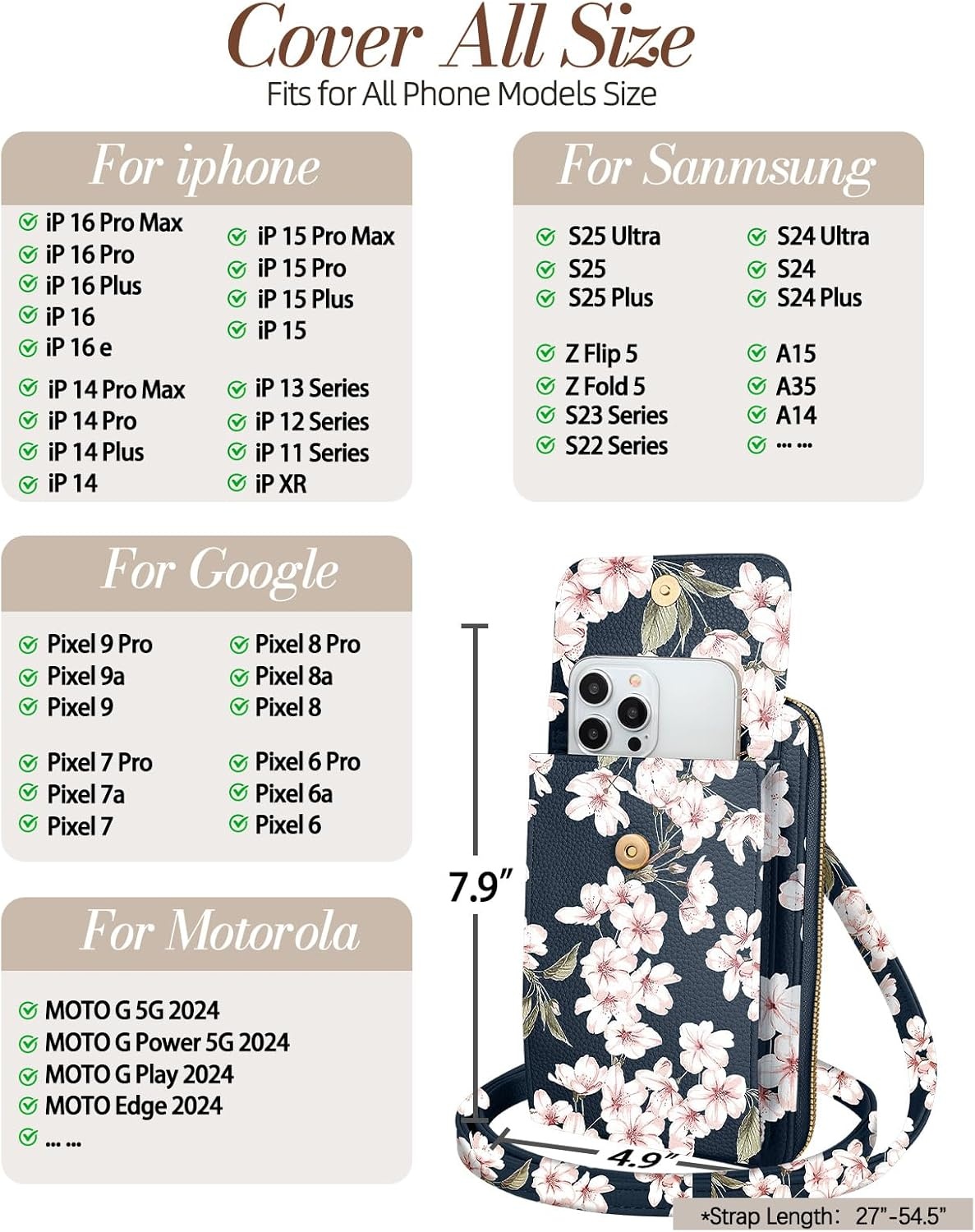 image:imageMiss Adola Phone Purse for Women Cute Small Crossbody Bags Cellphone Wallet with Adjustable Strap Zipper and Card SlotsCherry Blossom