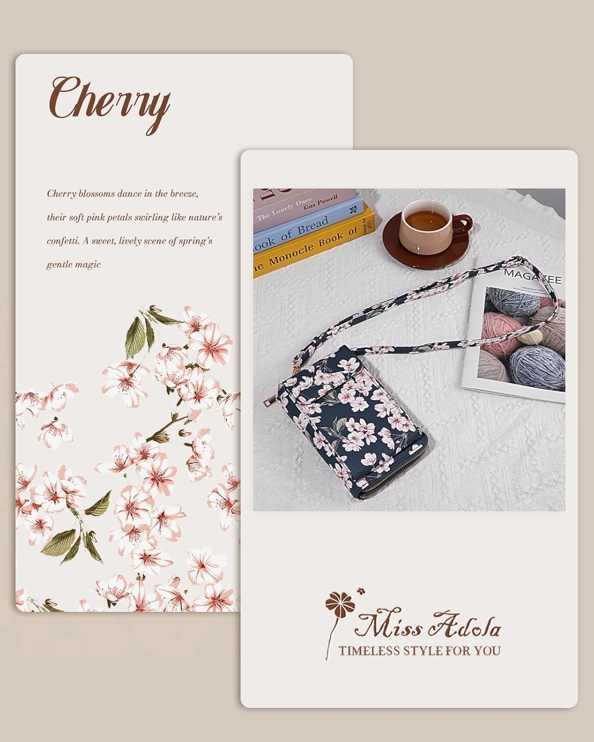 image:imageMiss Adola Phone Purse for Women Cute Small Crossbody Bags Cellphone Wallet with Adjustable Strap Zipper and Card SlotsCherry Blossom