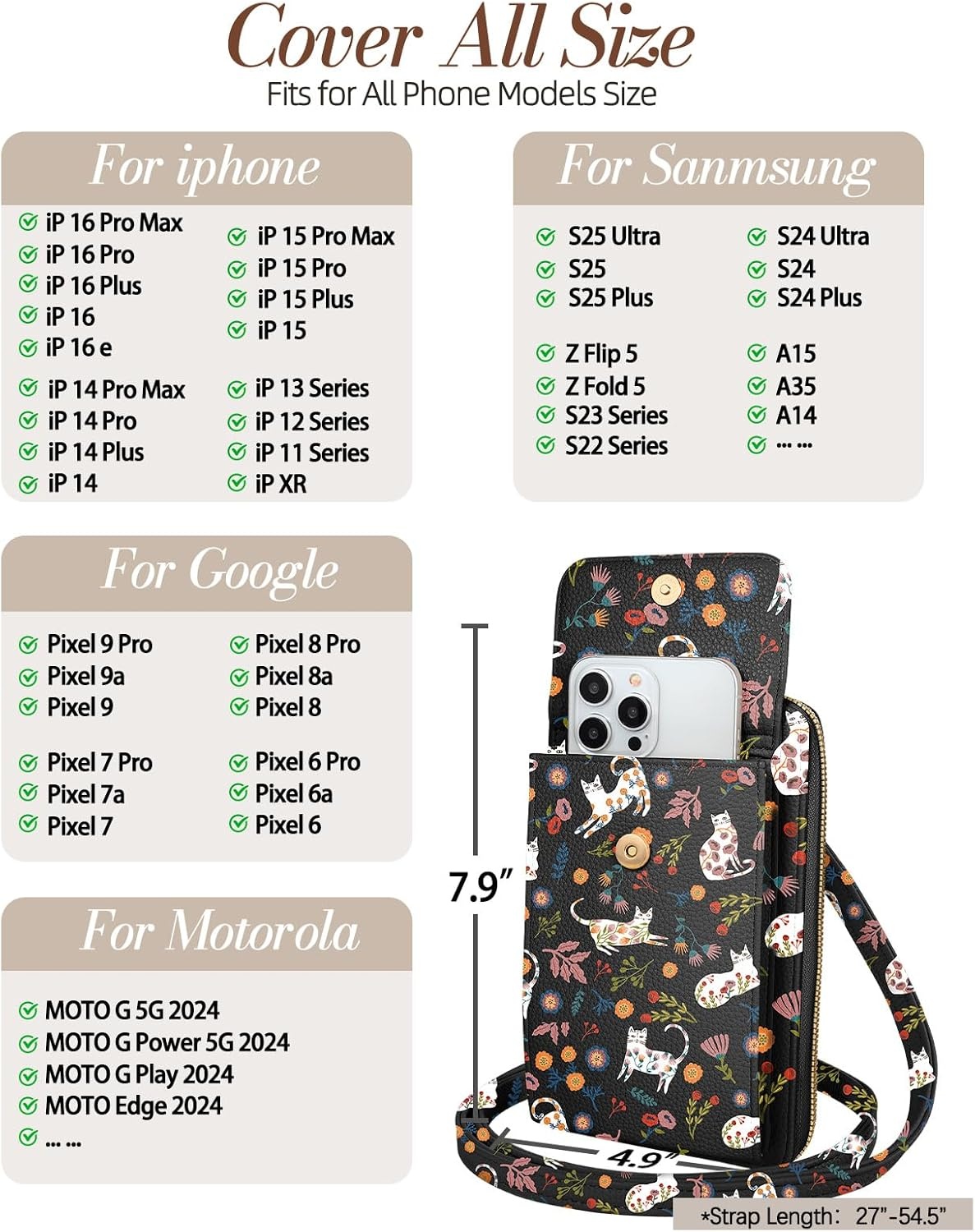 image:imageMiss Adola Phone Purse for Women Cute Small Crossbody Bags Cellphone Wallet with Adjustable Strap Zipper and Card SlotsFlower Cats