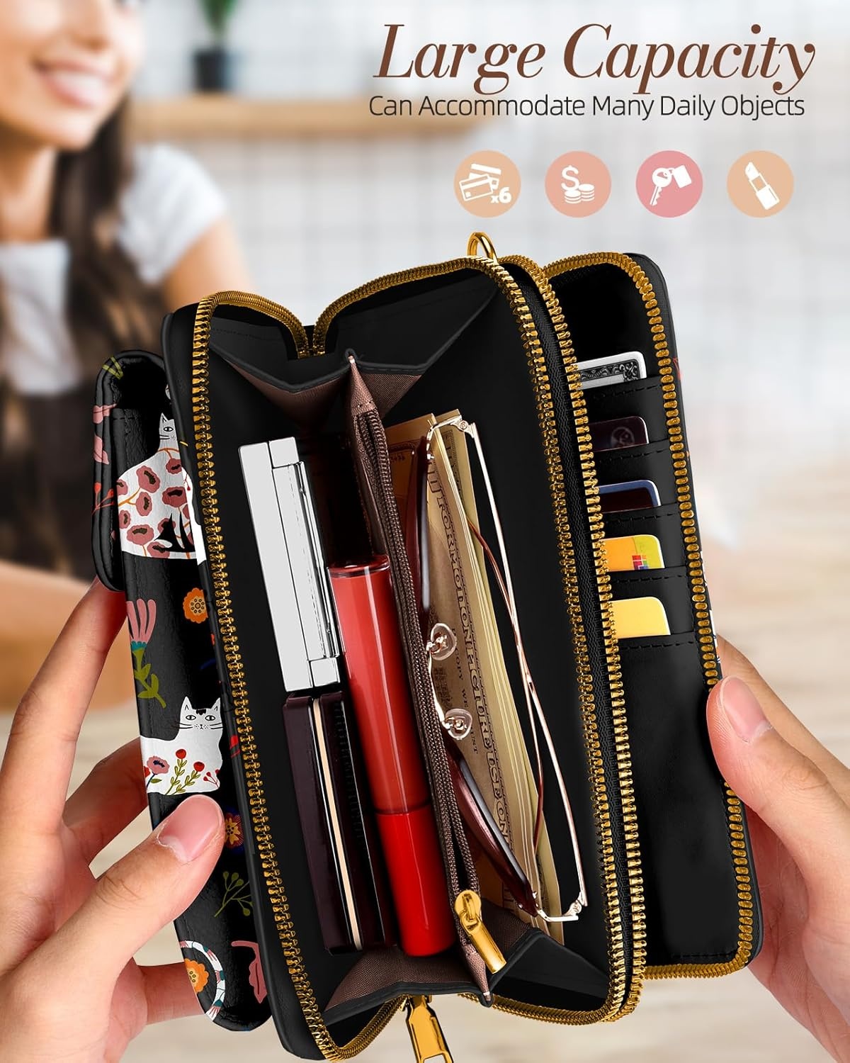 image:imageMiss Adola Phone Purse for Women Cute Small Crossbody Bags Cellphone Wallet with Adjustable Strap Zipper and Card SlotsFlower Cats