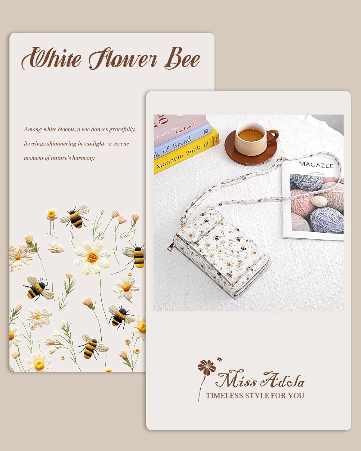 image:imageMiss Adola Phone Purse for Women Cute Small Crossbody Bags Cellphone Wallet with Adjustable Strap Zipper and Card SlotsWhite Flower