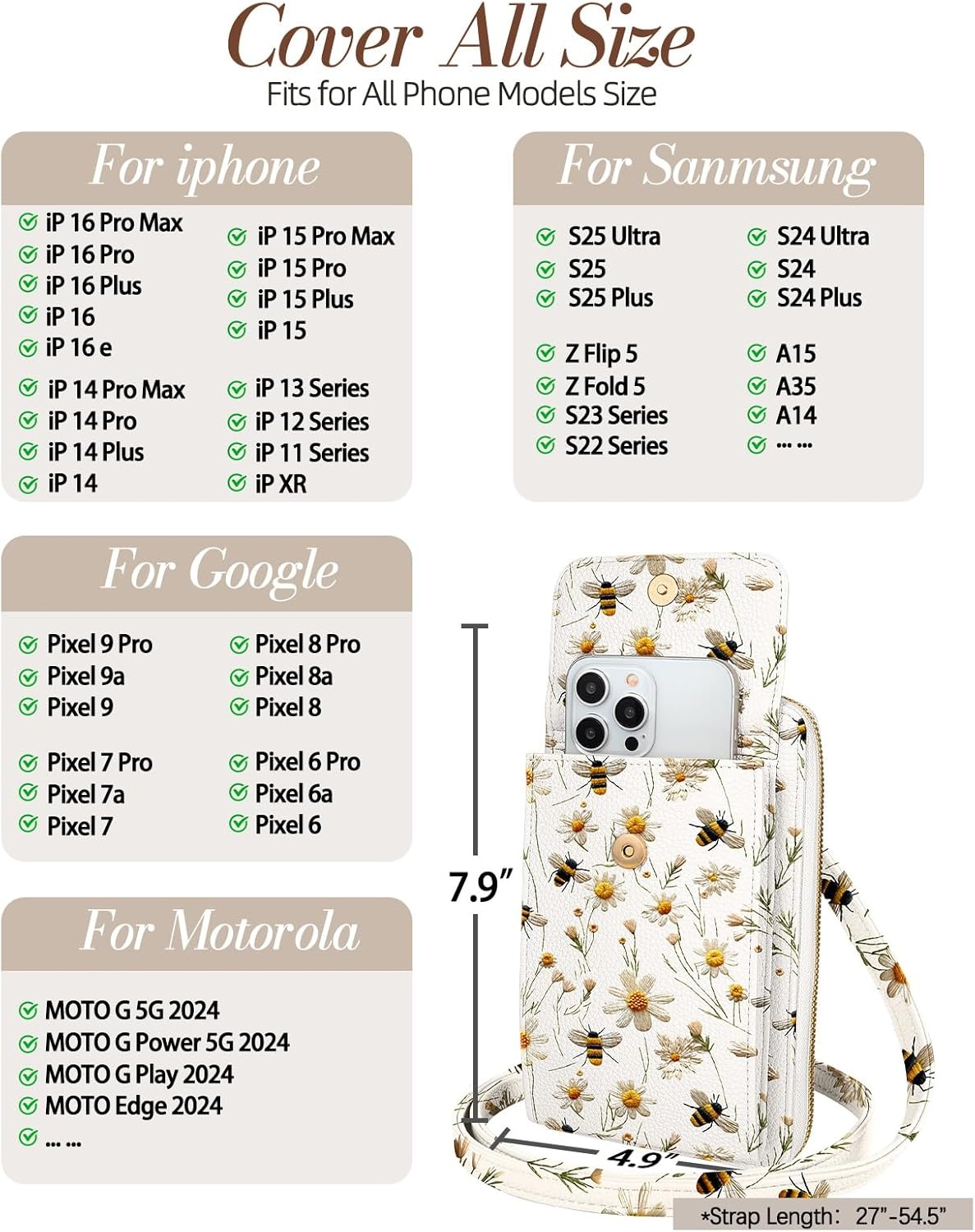 image:imageMiss Adola Phone Purse for Women Cute Small Crossbody Bags Cellphone Wallet with Adjustable Strap Zipper and Card SlotsWhite Flower