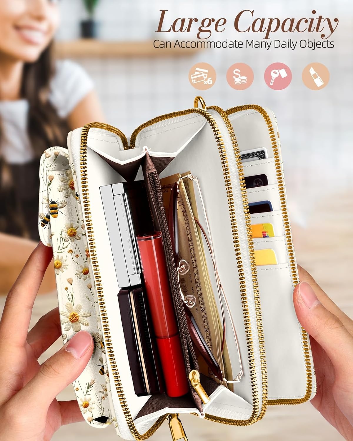 image:imageMiss Adola Phone Purse for Women Cute Small Crossbody Bags Cellphone Wallet with Adjustable Strap Zipper and Card SlotsWhite Flower