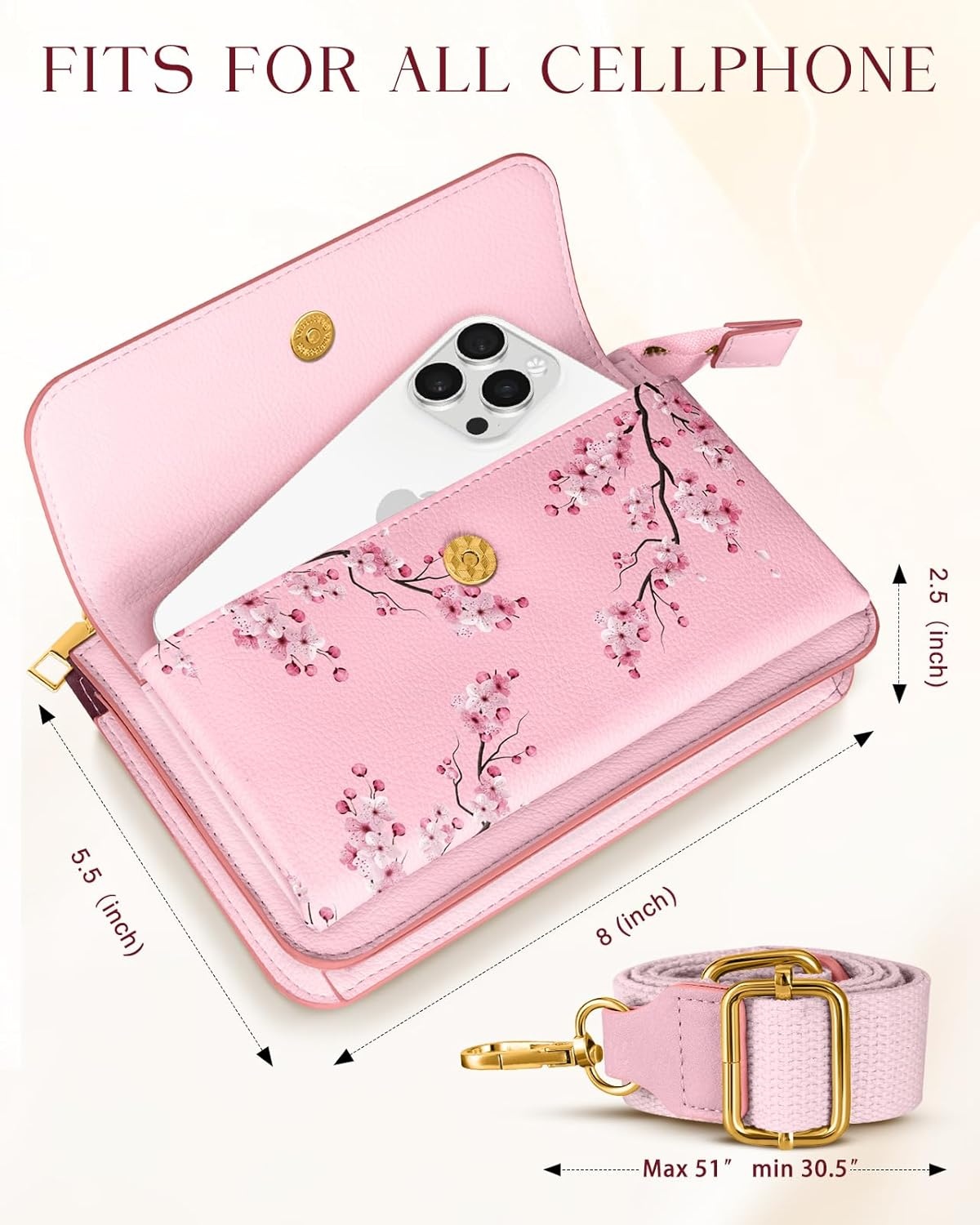 image:imageMiss Adola Small Crossbody Bag for Women Phone Purse Wallet Leather Cellphone Purse Bag with Adjustable Shoulder StrapPeach Blossom