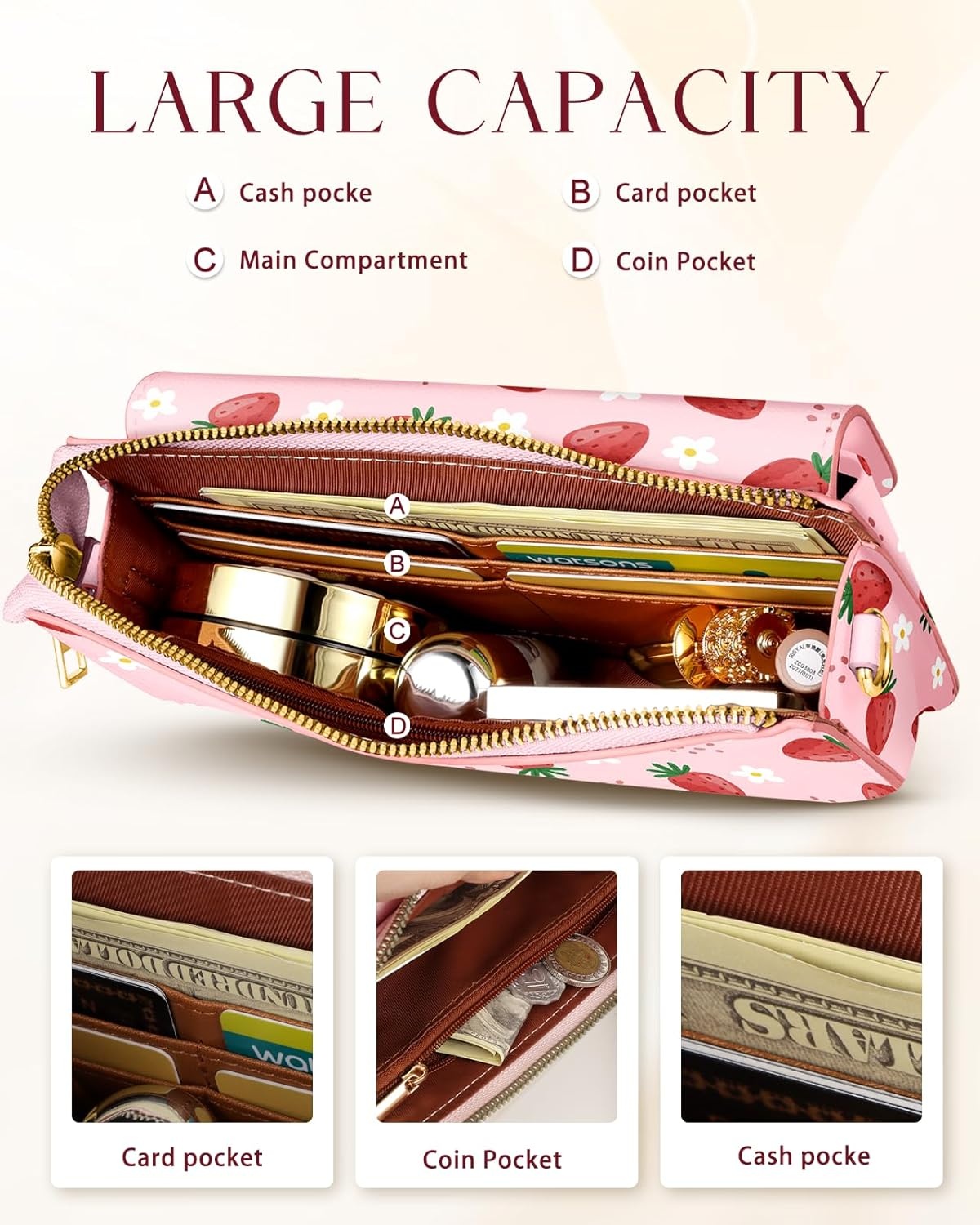 image:imageMiss Adola Small Crossbody Bag for Women Phone Purse Wallet Leather Cellphone Purse Bag with Adjustable Shoulder StrapStrawberry
