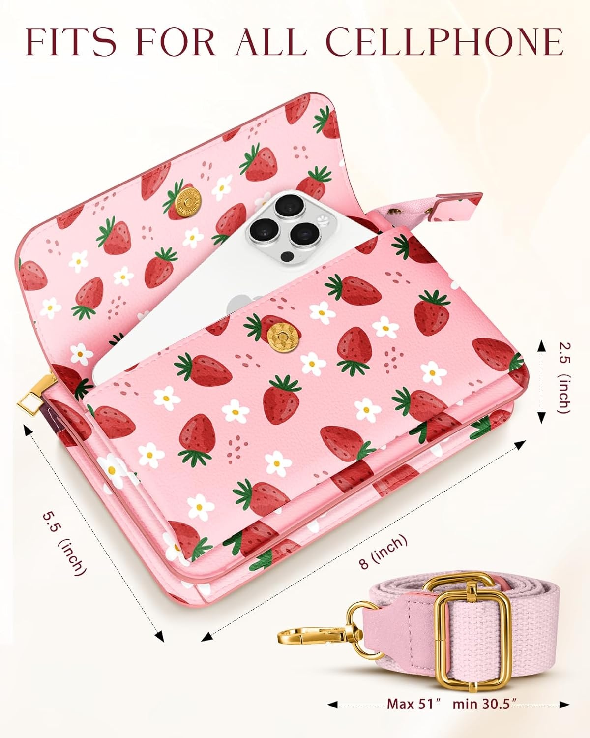 image:imageMiss Adola Small Crossbody Bag for Women Phone Purse Wallet Leather Cellphone Purse Bag with Adjustable Shoulder StrapStrawberry