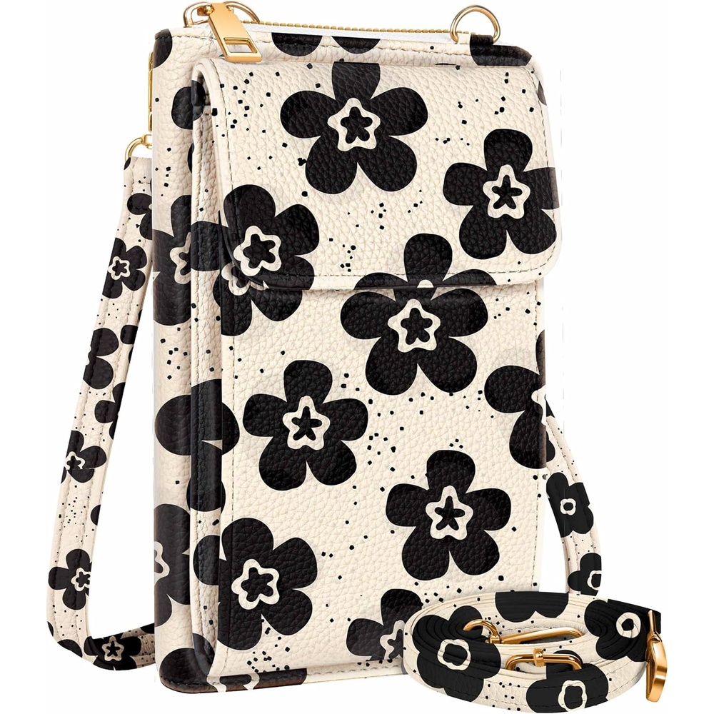image:imageMiss Adola Cute Small Crossbody Purse Cell Phone Bags for Women Leather Cellphone Wallet Purse with Shoulder StrapBlack Flower