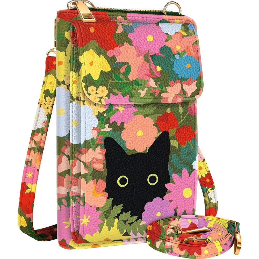 image:imageMiss Adola Cute Small Crossbody Purse Cell Phone Bags for Women Leather Cellphone Wallet Purse with Shoulder StrapFlower Cat