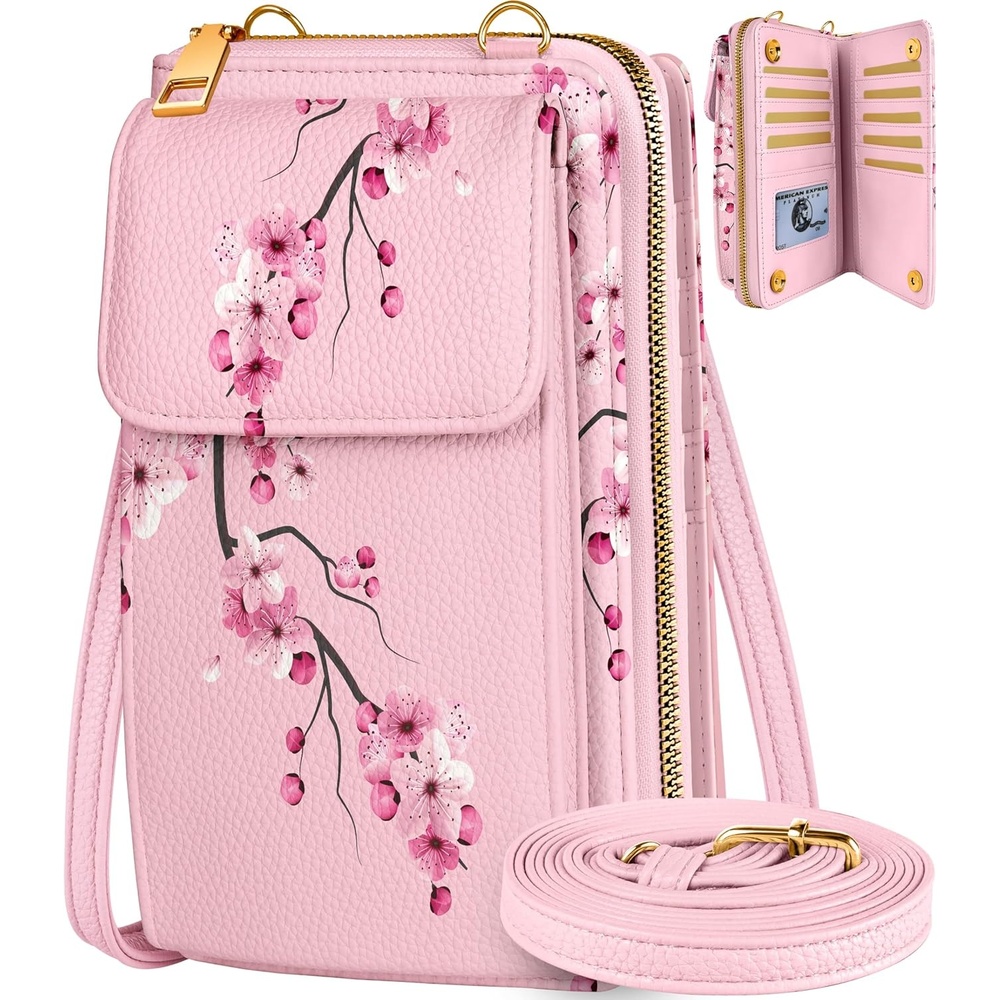 image:imageMiss Adola Cute Small Crossbody Purse Cell Phone Bags for Women Leather Cellphone Wallet Purse with Shoulder StrapPeach Blossom