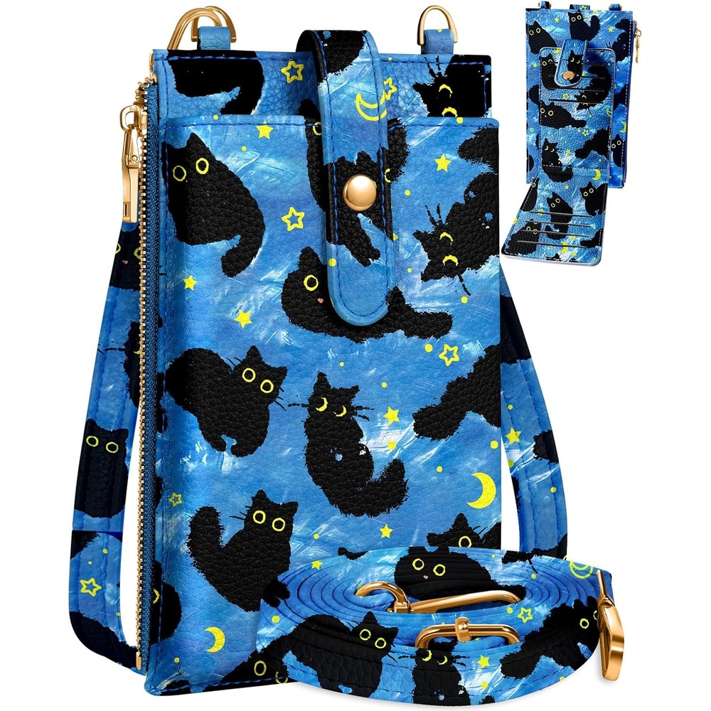 image:imageMiss Adola Phone Purse Crossbody Bags for Women Leather Small Cell Phone Wallet RFID Blocking with Card Slots amp Adjustable Strap Cute Designer Aesthetic Cross Body Bags Blue Line FlowerBlue Moon Cat