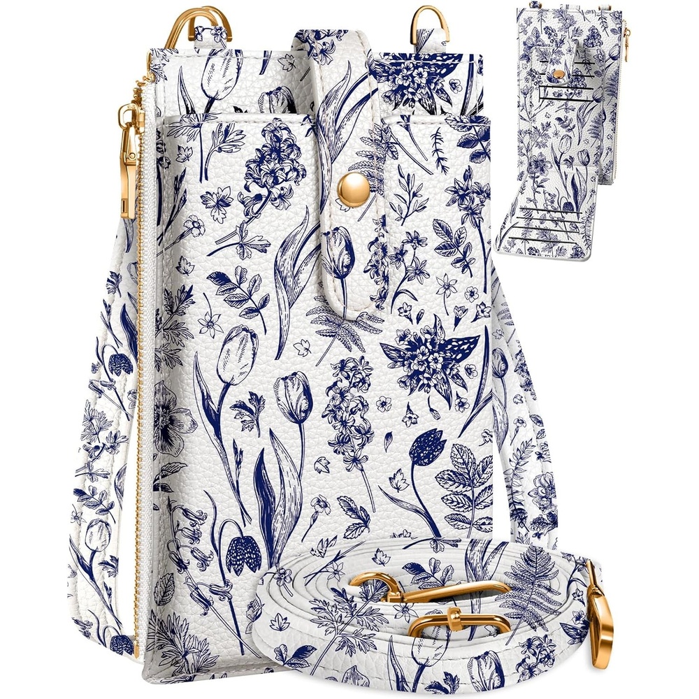 image:imageMiss Adola Phone Purse Crossbody Bags for Women Leather Small Cell Phone Wallet RFID Blocking with Card Slots amp Adjustable Strap Cute Designer Aesthetic Cross Body Bags Blue Line FlowerBU Line Flower