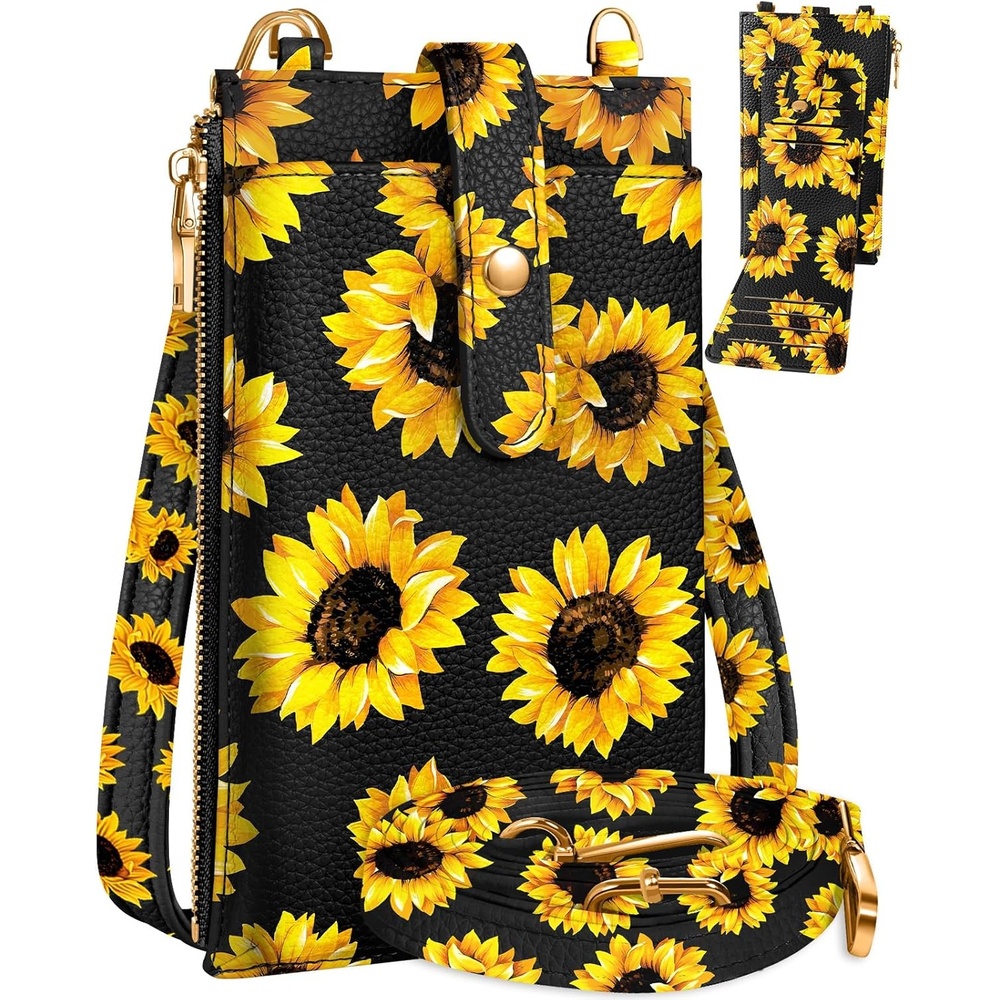 image:imageMiss Adola Phone Purse Crossbody Bags for Women Leather Small Cell Phone Wallet RFID Blocking with Card Slots amp Adjustable Strap Cute Designer Aesthetic Cross Body Bags Blue Line FlowerBlack Sunflower